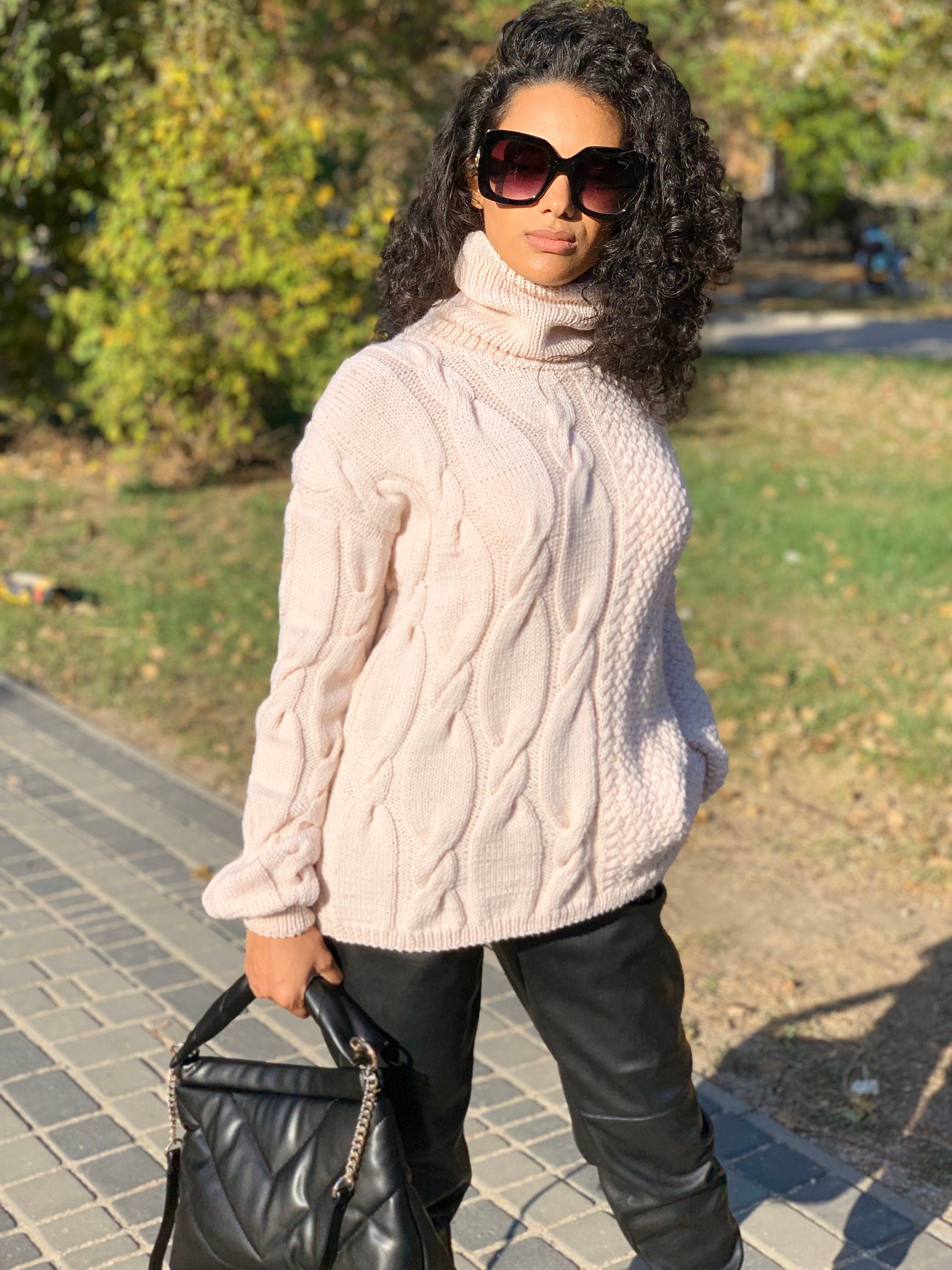 Knit merino wool cream beige sweater turtleneck women’s High collar sweater dress Oversized turtleneck sweater under 80 Autumn shirt