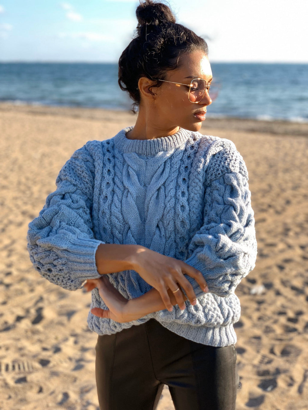 Blue knit wool sweater women Hand knit jumper Half sleeve Cable knitting Loose knit Oversized Chunky knit light blue knitted pullover