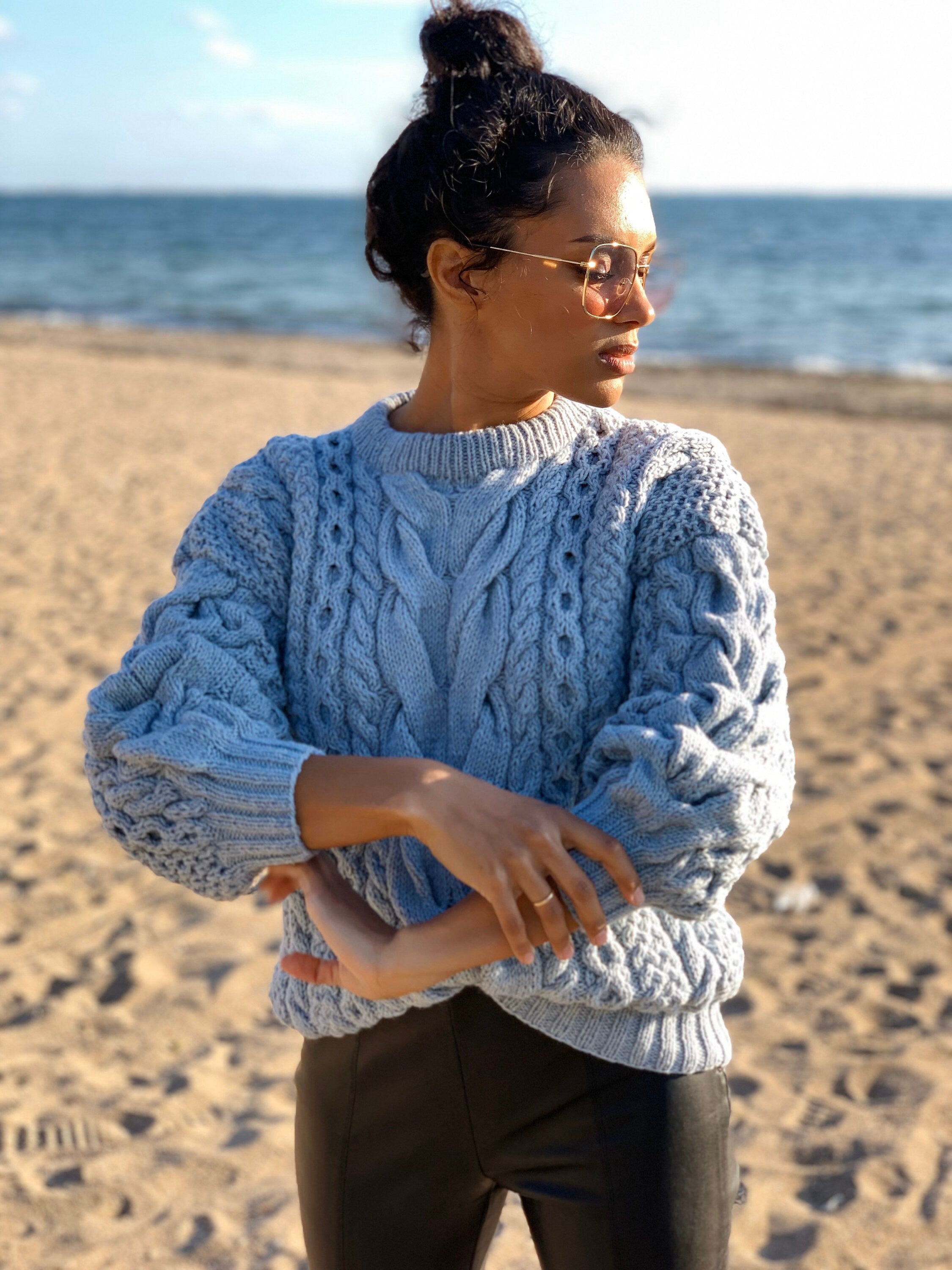 Cable black hand knit merino wool sweater womens Fall vintage sweater Christmas unisex sweater Chunky knit women Warm jumper with braids