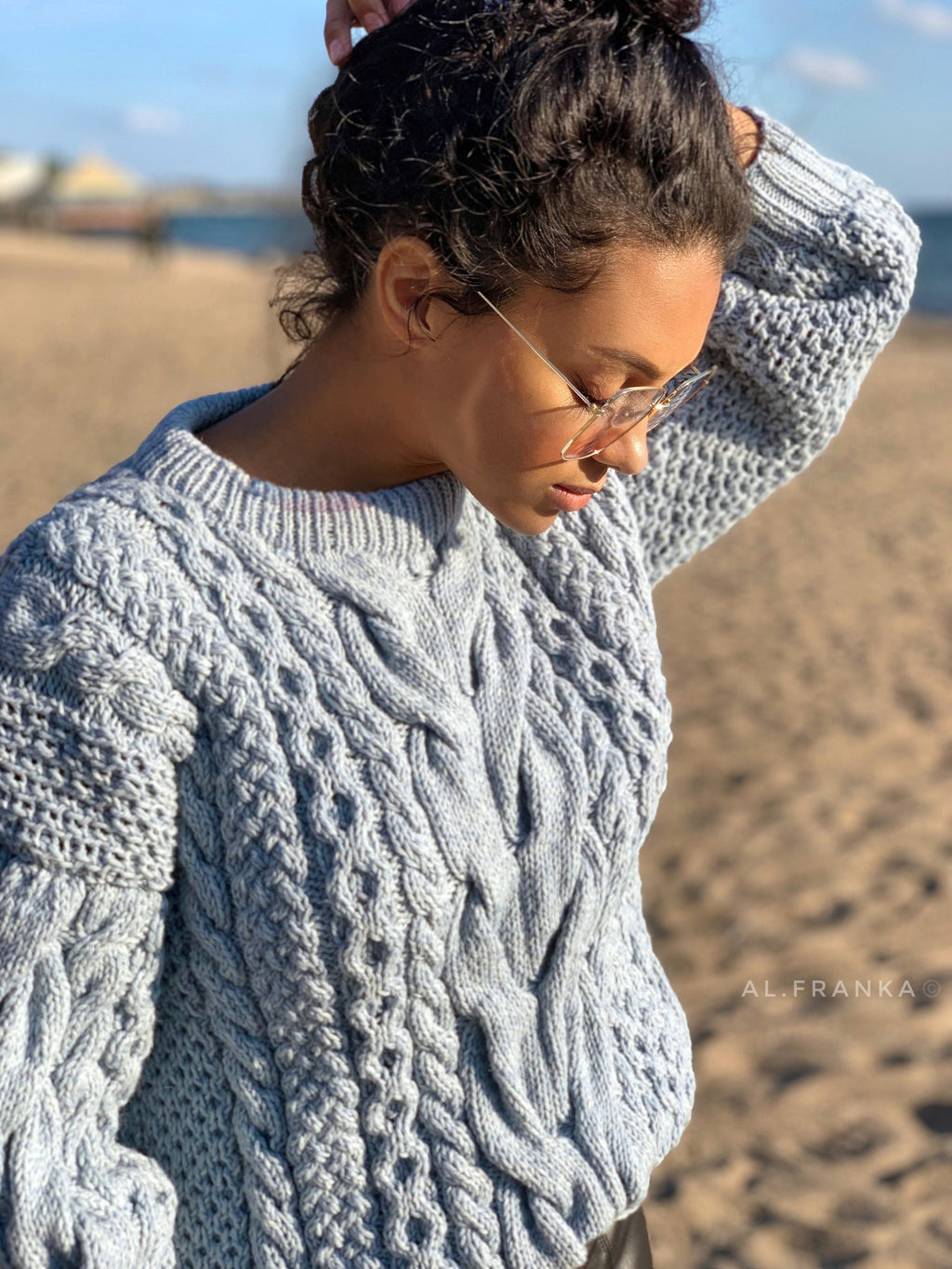 Blue knit wool sweater women Hand knit jumper Half sleeve Cable knitting Loose knit Oversized Chunky knit light blue knitted pullover