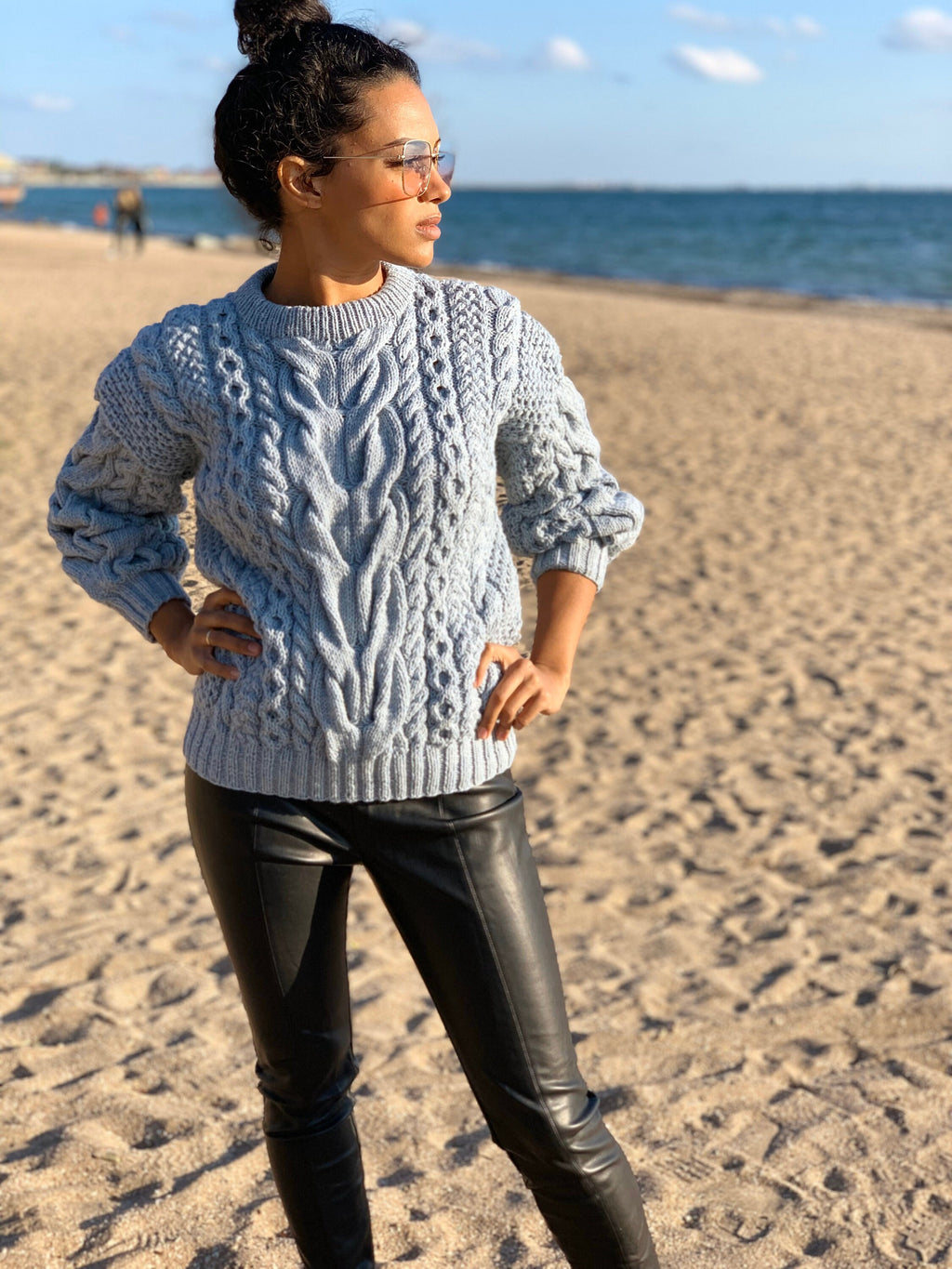 Cable black hand knit merino wool sweater womens Fall vintage sweater Christmas unisex sweater Chunky knit women Warm jumper with braids