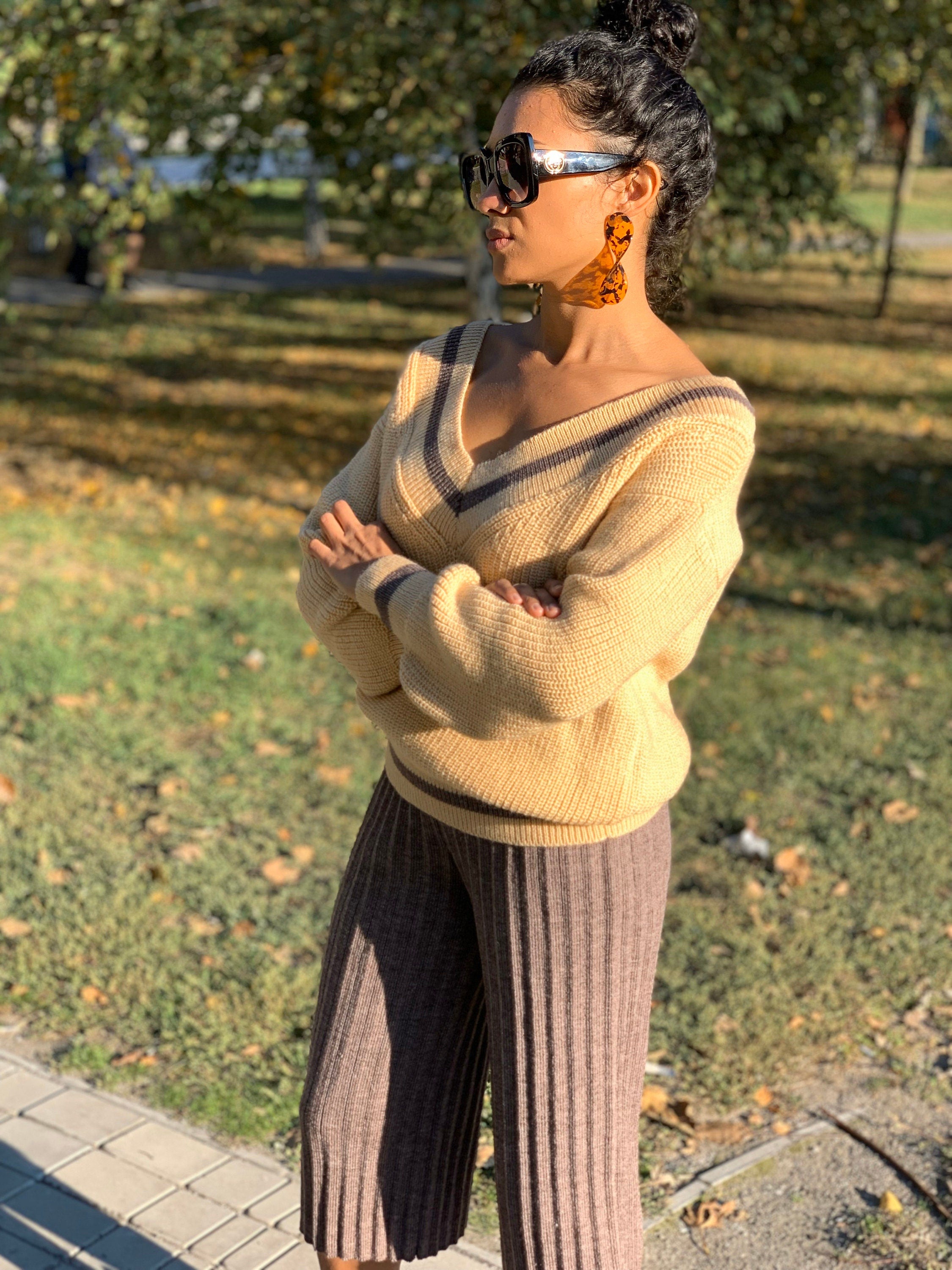 Knitted beige set sweater pants/Pleated Pants/Cream Cable/Knit Set Suit/Two Piece/knit Sweater/Culottes/pleated/beige set/wide pants