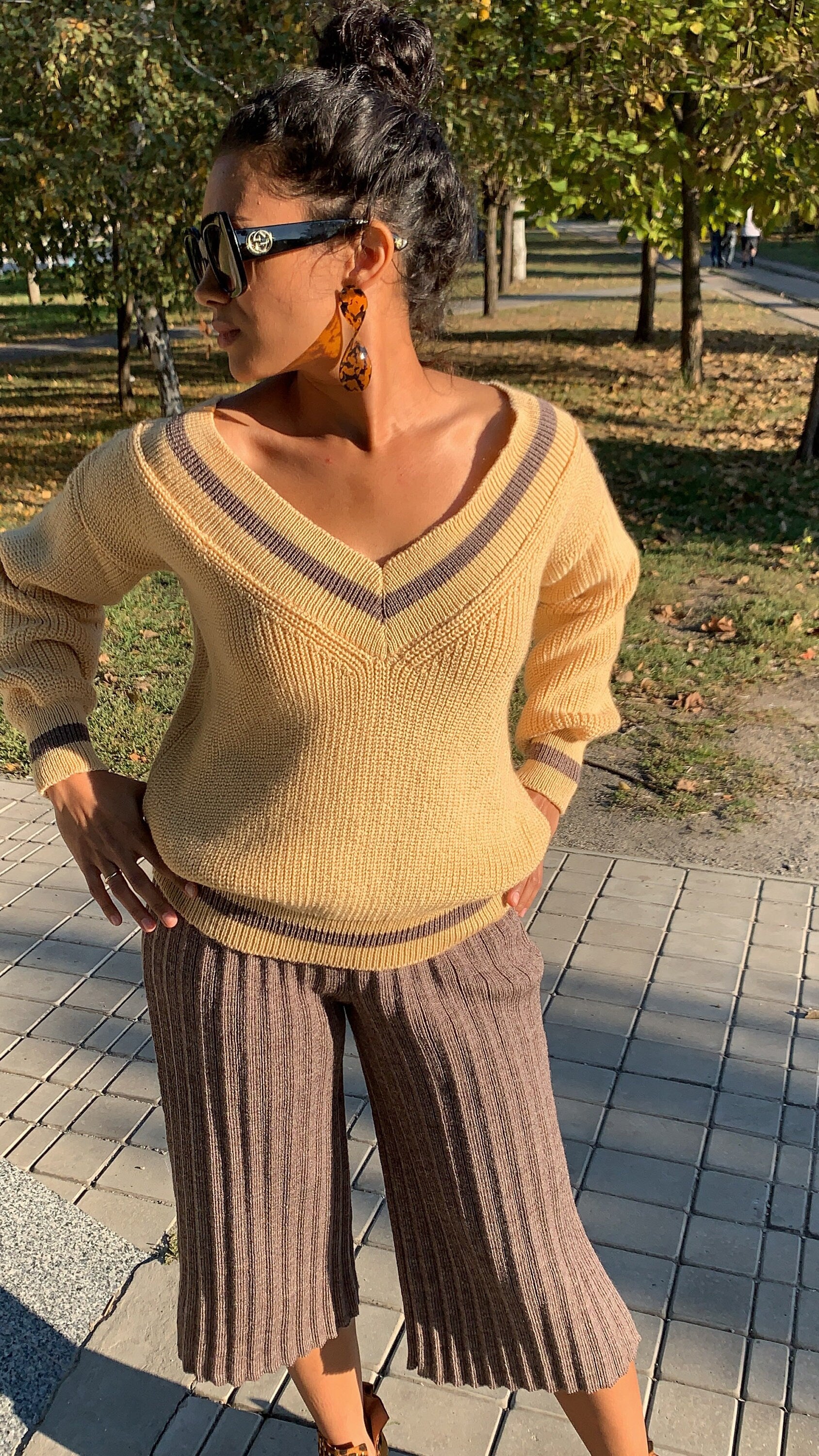 Knitted beige set sweater pants/Pleated Pants/Cream Cable/Knit Set Suit/Two Piece/knit Sweater/Culottes/pleated/beige set/wide pants