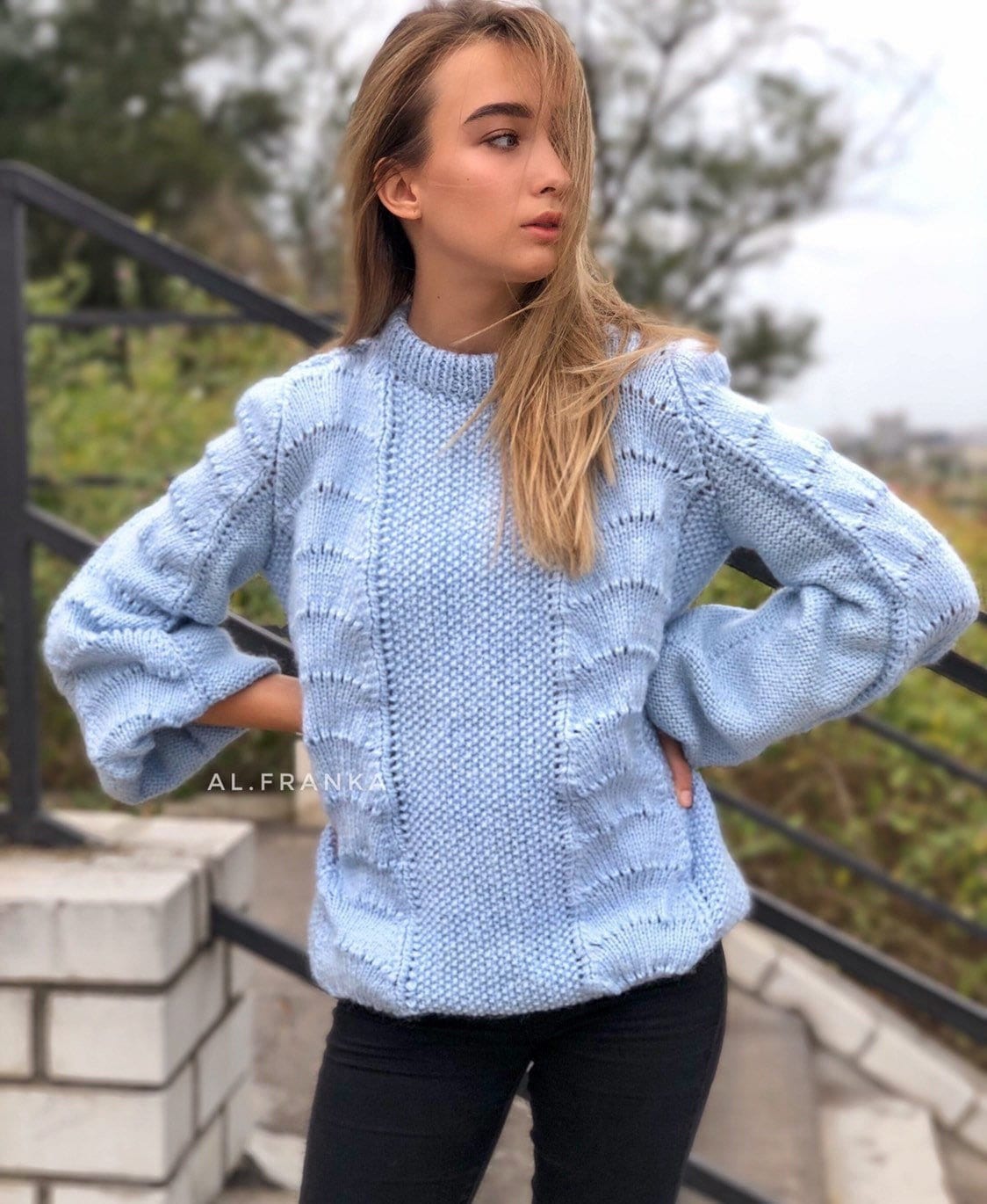 Knitted Winter Womens Mohair Sweater Light Blue Blue Pink Long Sleeve Knitted Pullover Fluffy Puff Sleeve Sweater