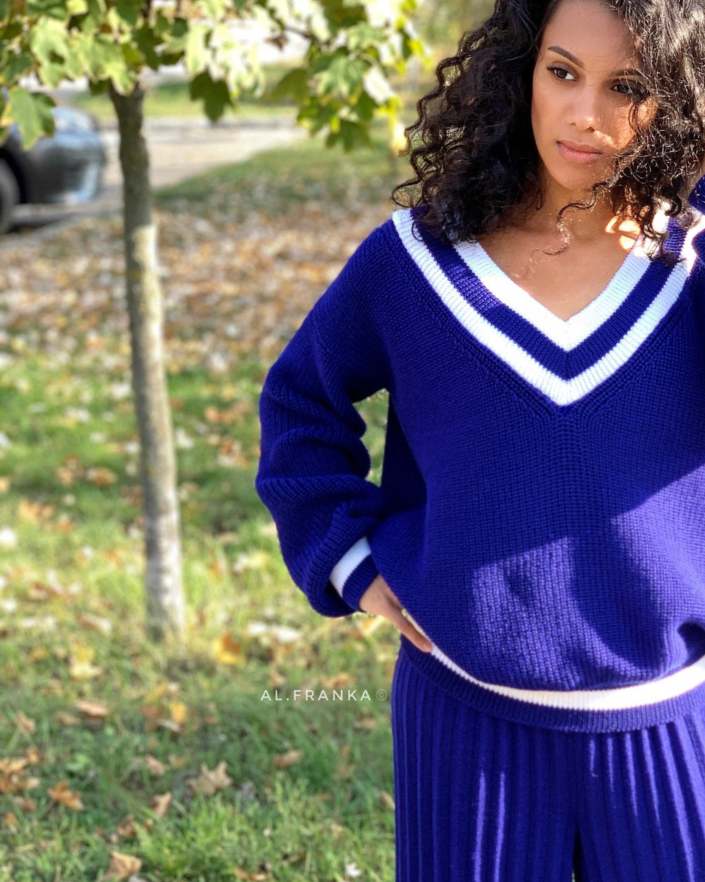 Knitted two piece set for women/Blue merino knit pantsuit/knit v-neck sweater pleated pants/Bright sweater and pants/Knit Sweater Set Women