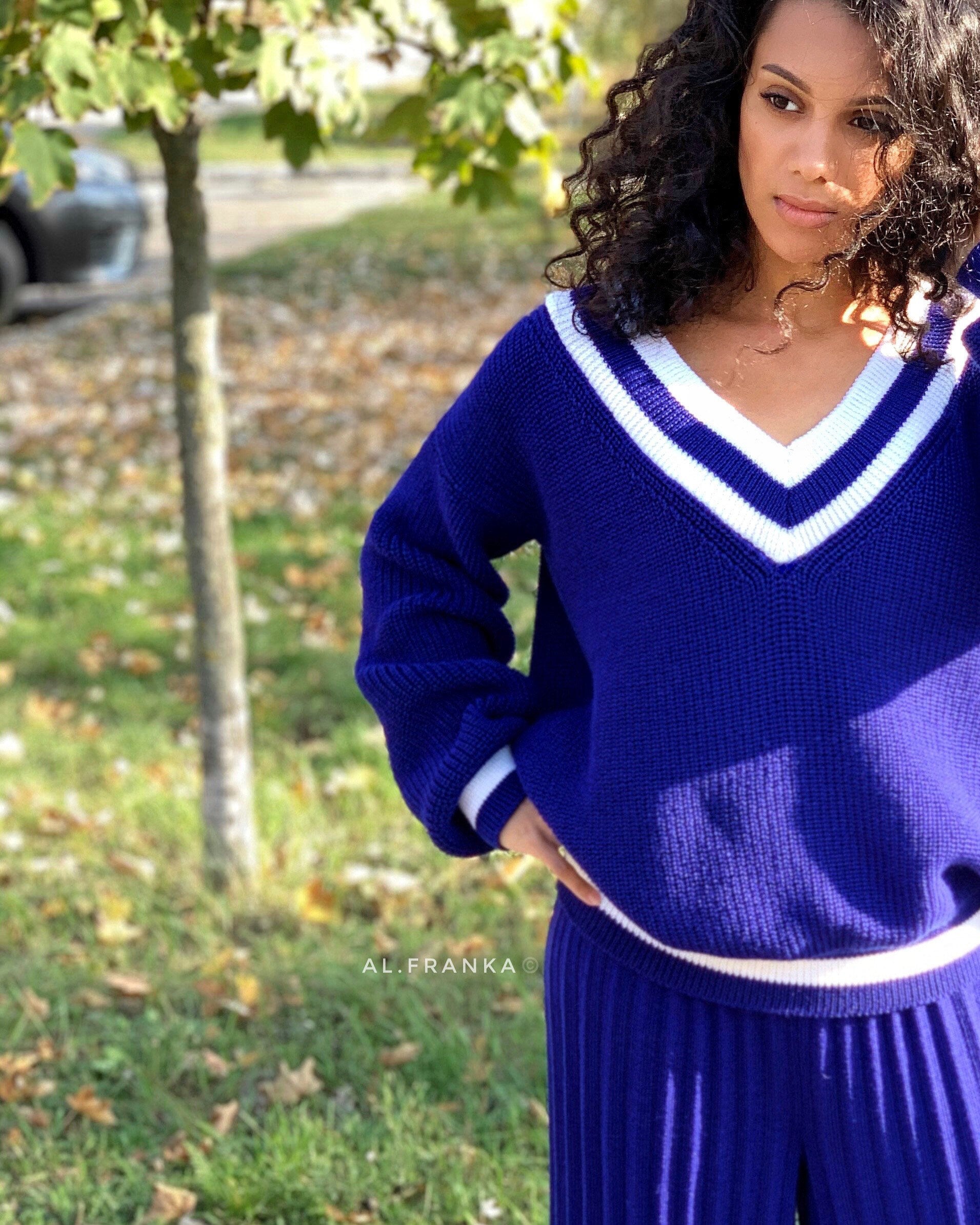 Knitted two piece set for women/Blue merino knit pantsuit/knit v-neck sweater pleated pants/Bright sweater and pants/Knit Sweater Set Women