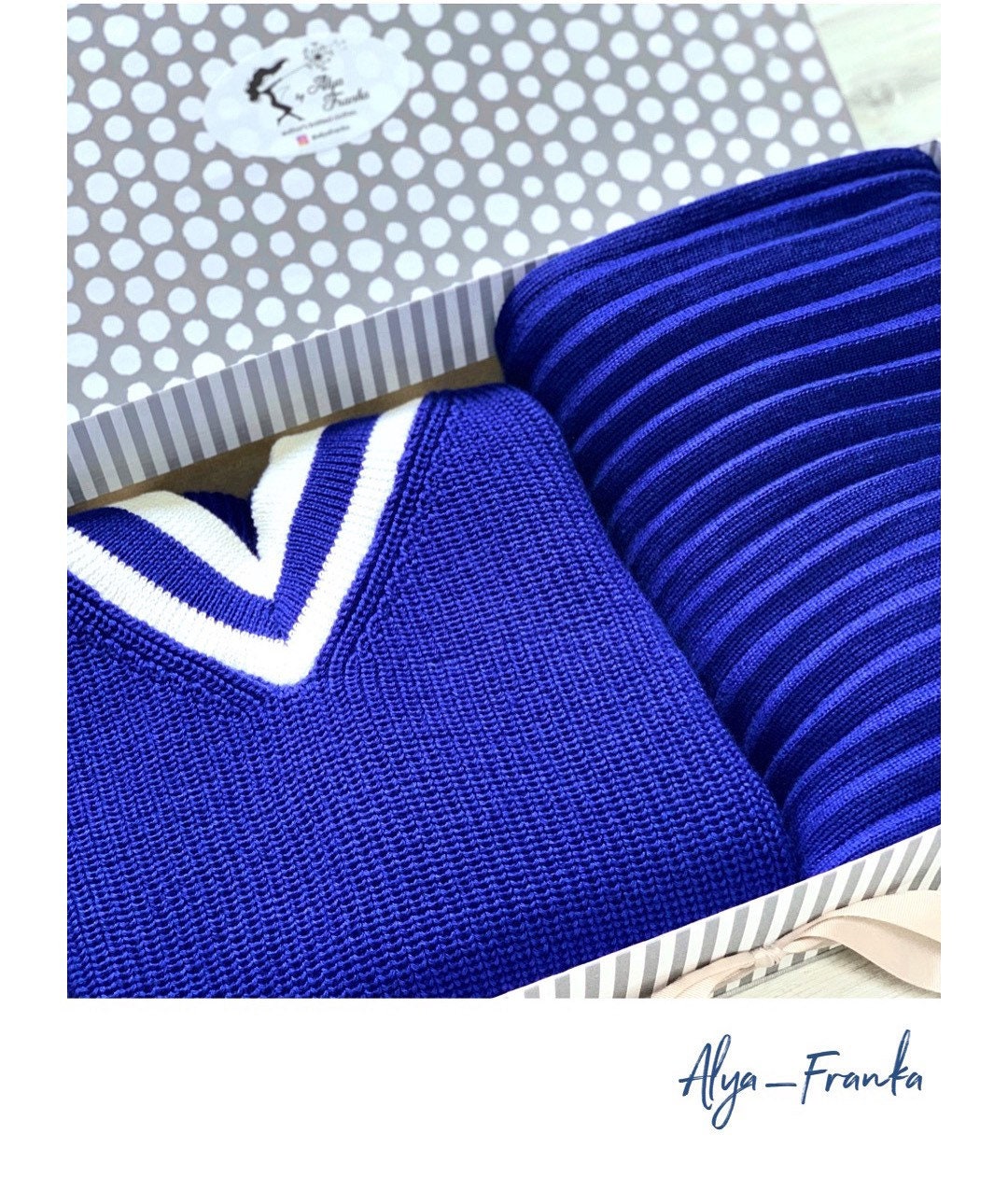 Knitted two piece set for women/Blue merino knit pantsuit/knit v-neck sweater pleated pants/Bright sweater and pants/Knit Sweater Set Women