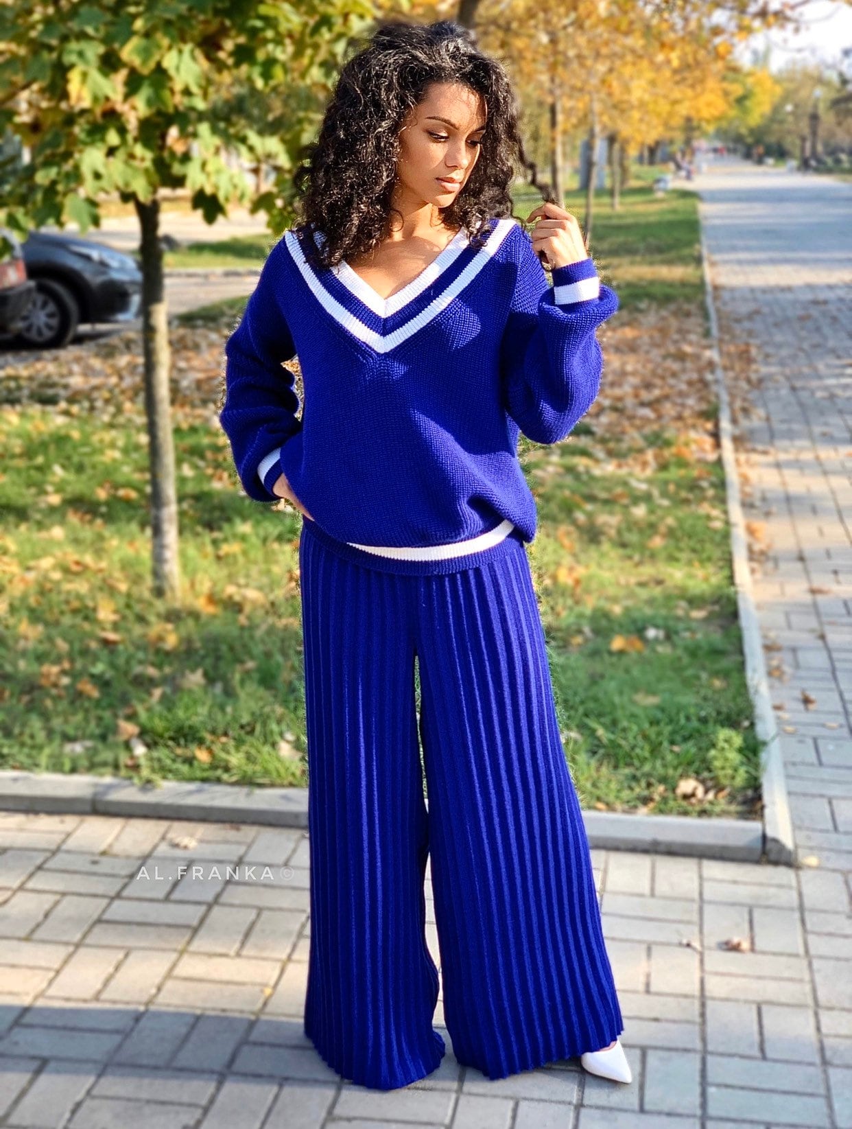 Knitted two piece set for women/Blue merino knit pantsuit/knit v-neck sweater pleated pants/Bright sweater and pants/Knit Sweater Set Women