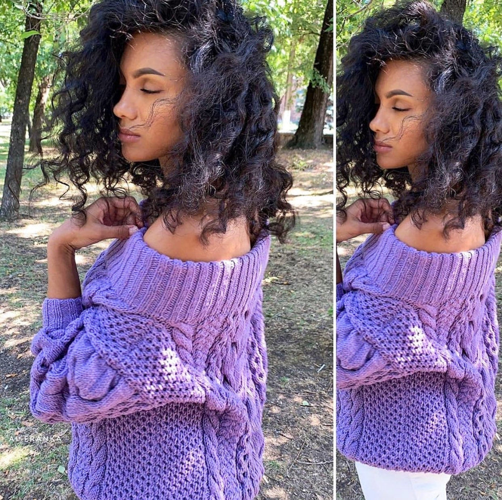 Violet wool cotton Knit Sweater Lavender knitted pullover Purple Oversized sweater Cable knit sweater Crochet chunky sweater Loose knit