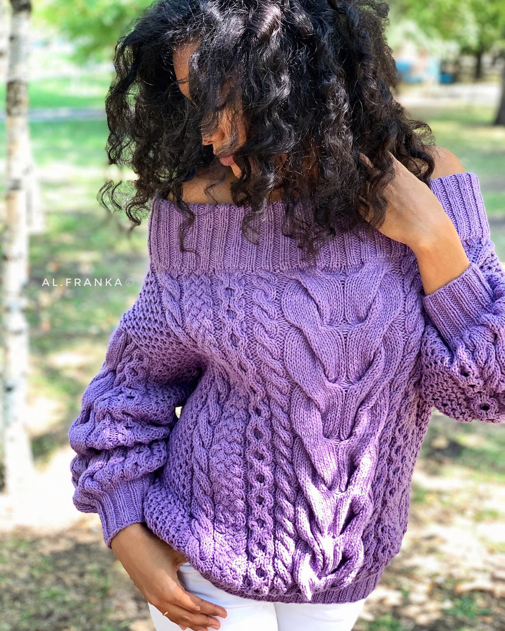 Violet wool cotton Knit Sweater Lavender knitted pullover Purple Oversized sweater Cable knit sweater Crochet chunky sweater Loose knit