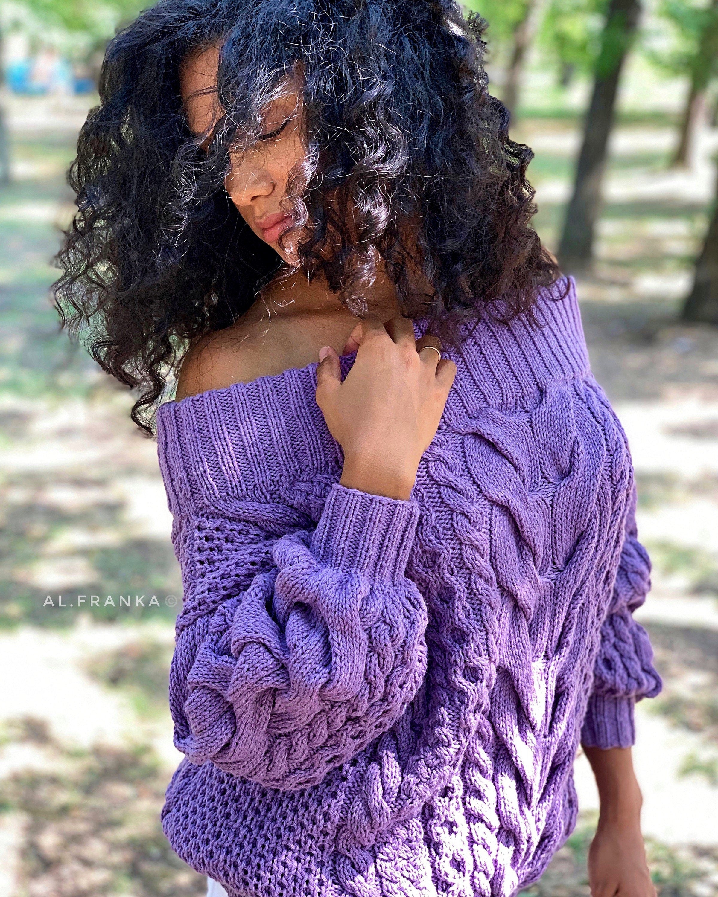 Violet wool cotton Knit Sweater Lavender knitted pullover Purple Oversized sweater Cable knit sweater Crochet chunky sweater Loose knit
