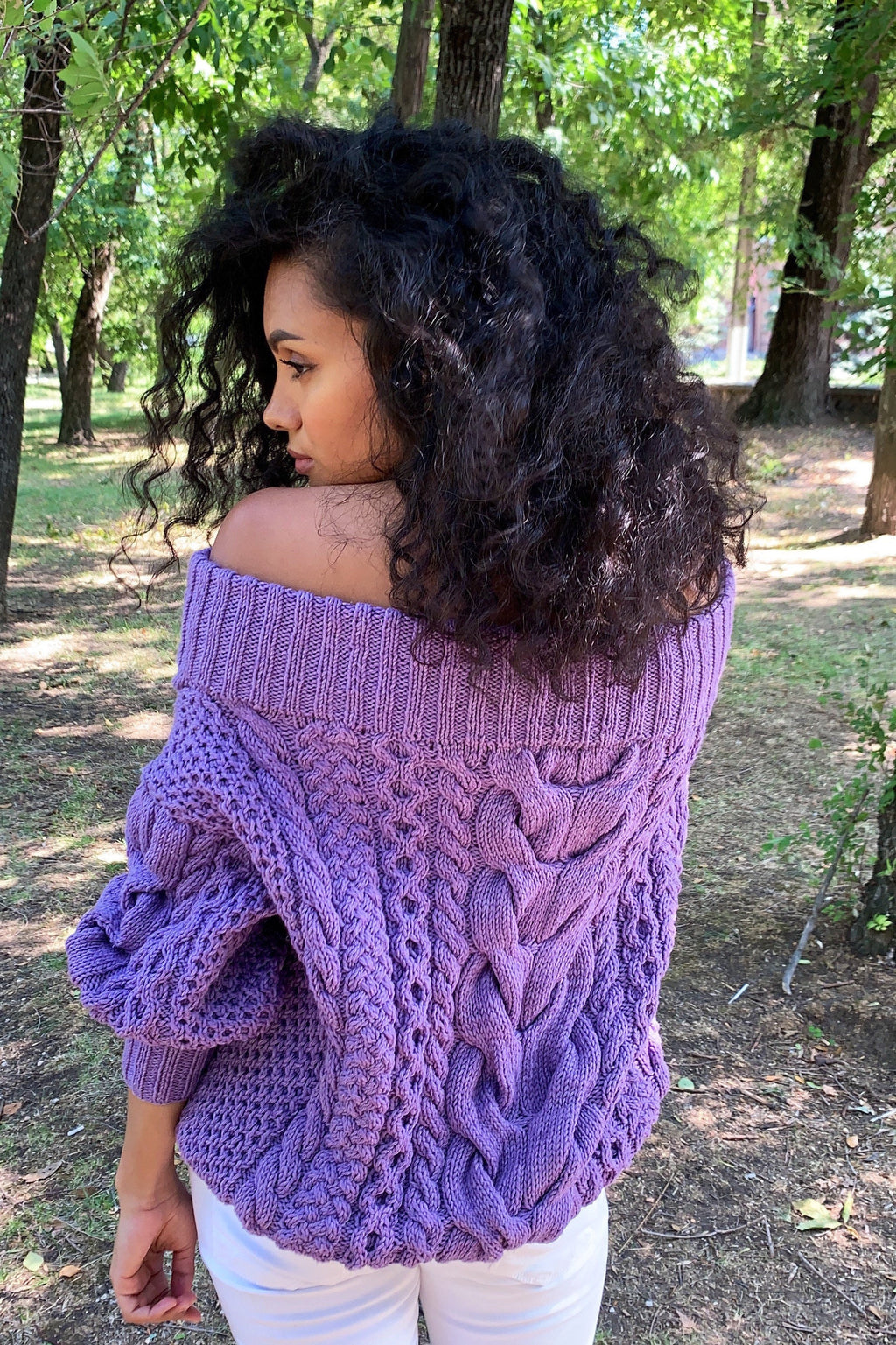 Violet wool cotton Knit Sweater Lavender knitted pullover Purple Oversized sweater Cable knit sweater Crochet chunky sweater Loose knit