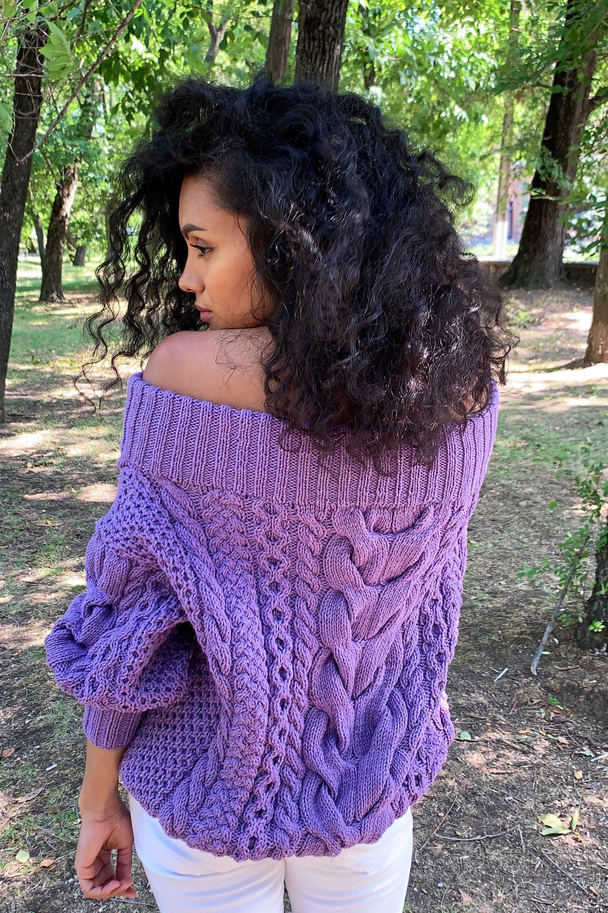 Violet wool cotton Knit Sweater Lavender knitted pullover Purple Oversized sweater Cable knit sweater Crochet chunky sweater Loose knit