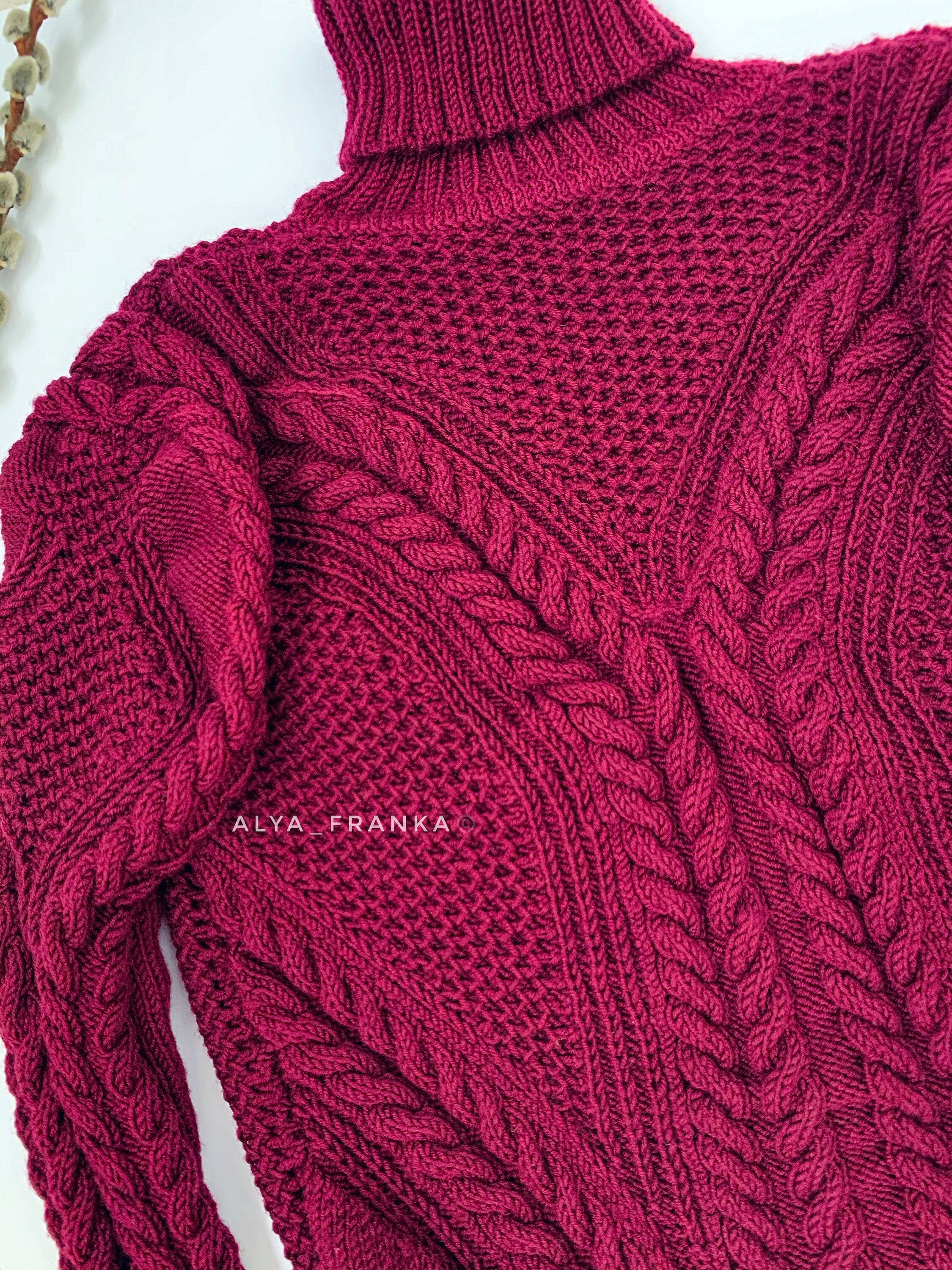 Hand Knitted Burgundy Soft Merino wool Sweater Women Wool Turtleneck Pullover Fisherman Aran Cable Knit Turtle NeckJumper Ireland sweater