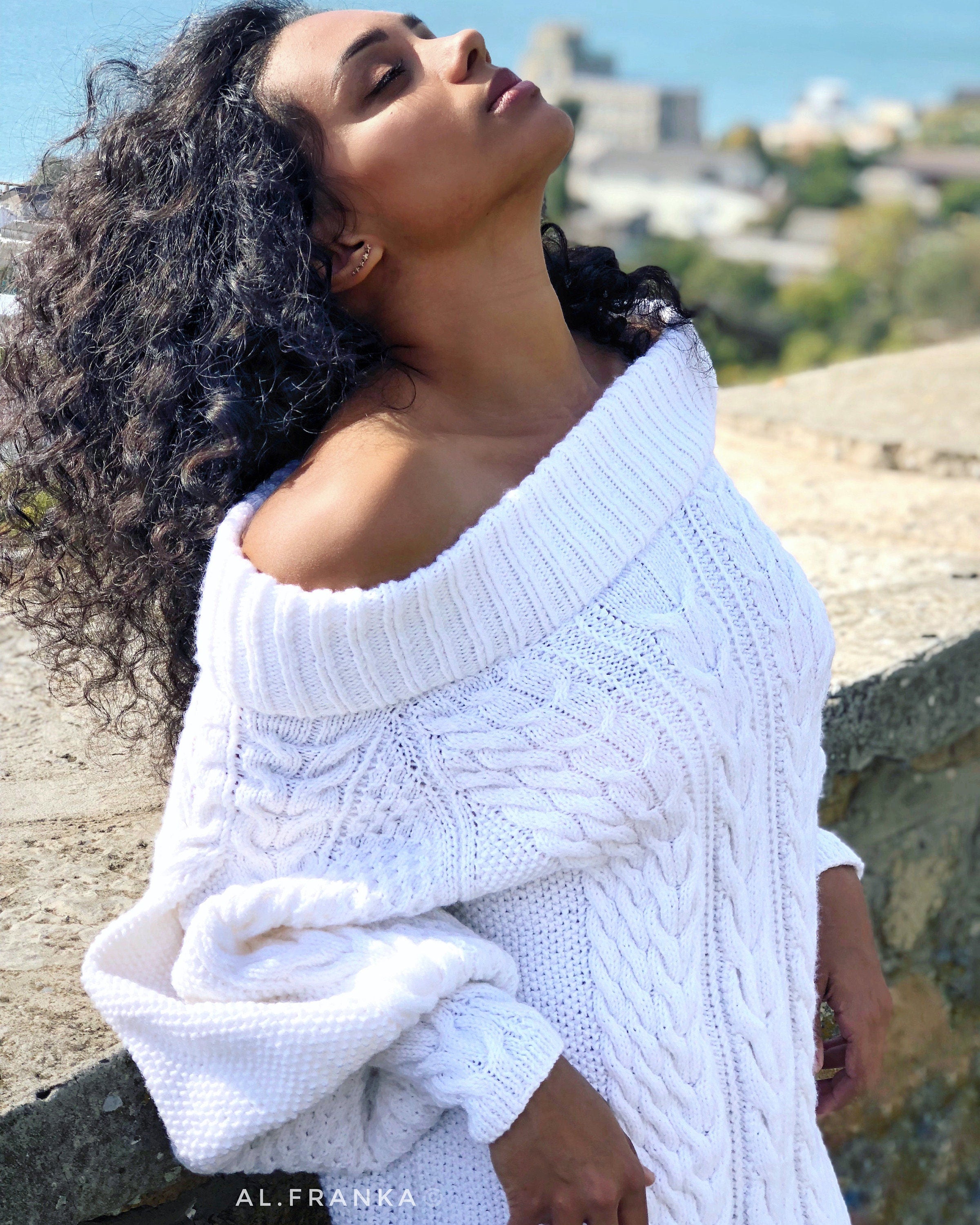 White off shoulder hand knit sweater dress/bohemian sweater dress/off shoulder white dress/white knit tunic/braid chunky sweater