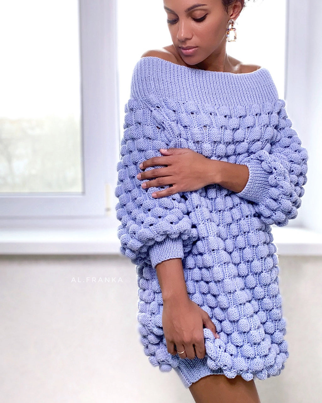 Knitted merino wool sweater dress Long pink sweater Knit women open shoulders pullover Cable knit sweater Popcorn pink dress sweater