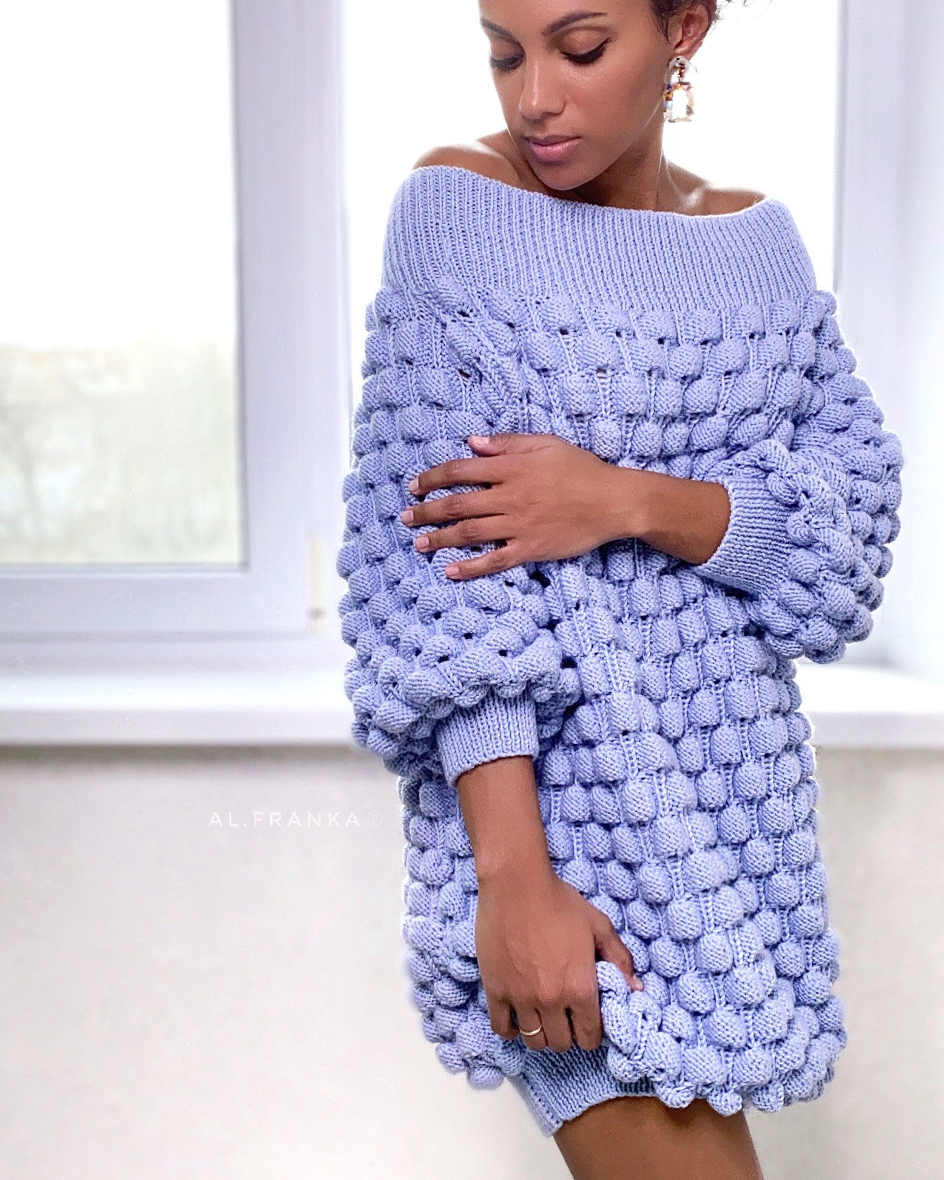 Knitted merino wool sweater dress Long pink sweater Knit women open shoulders pullover Cable knit sweater Popcorn pink dress sweater