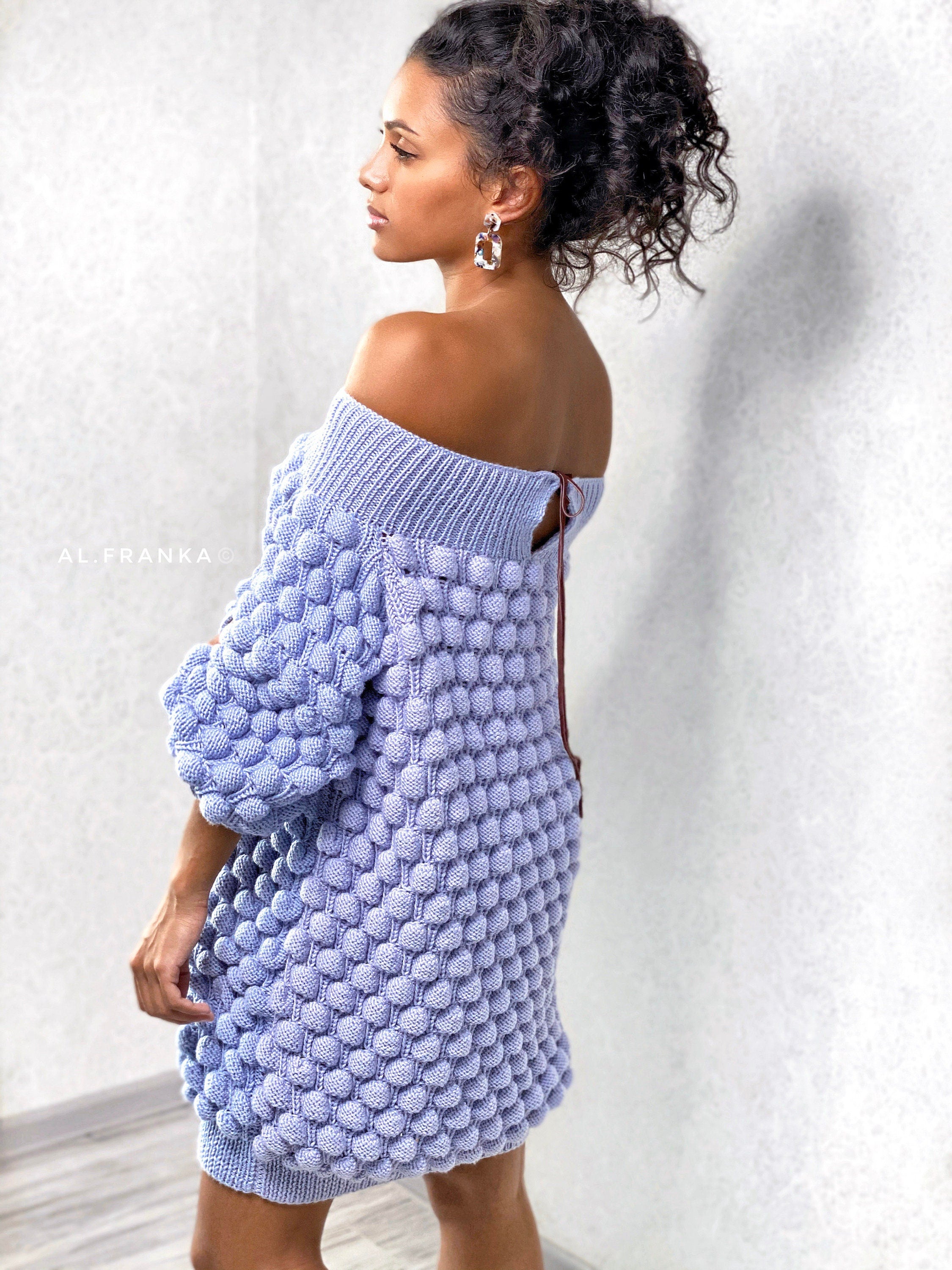 Knitted merino wool sweater dress Long pink sweater Knit women open shoulders pullover Cable knit sweater Popcorn pink dress sweater