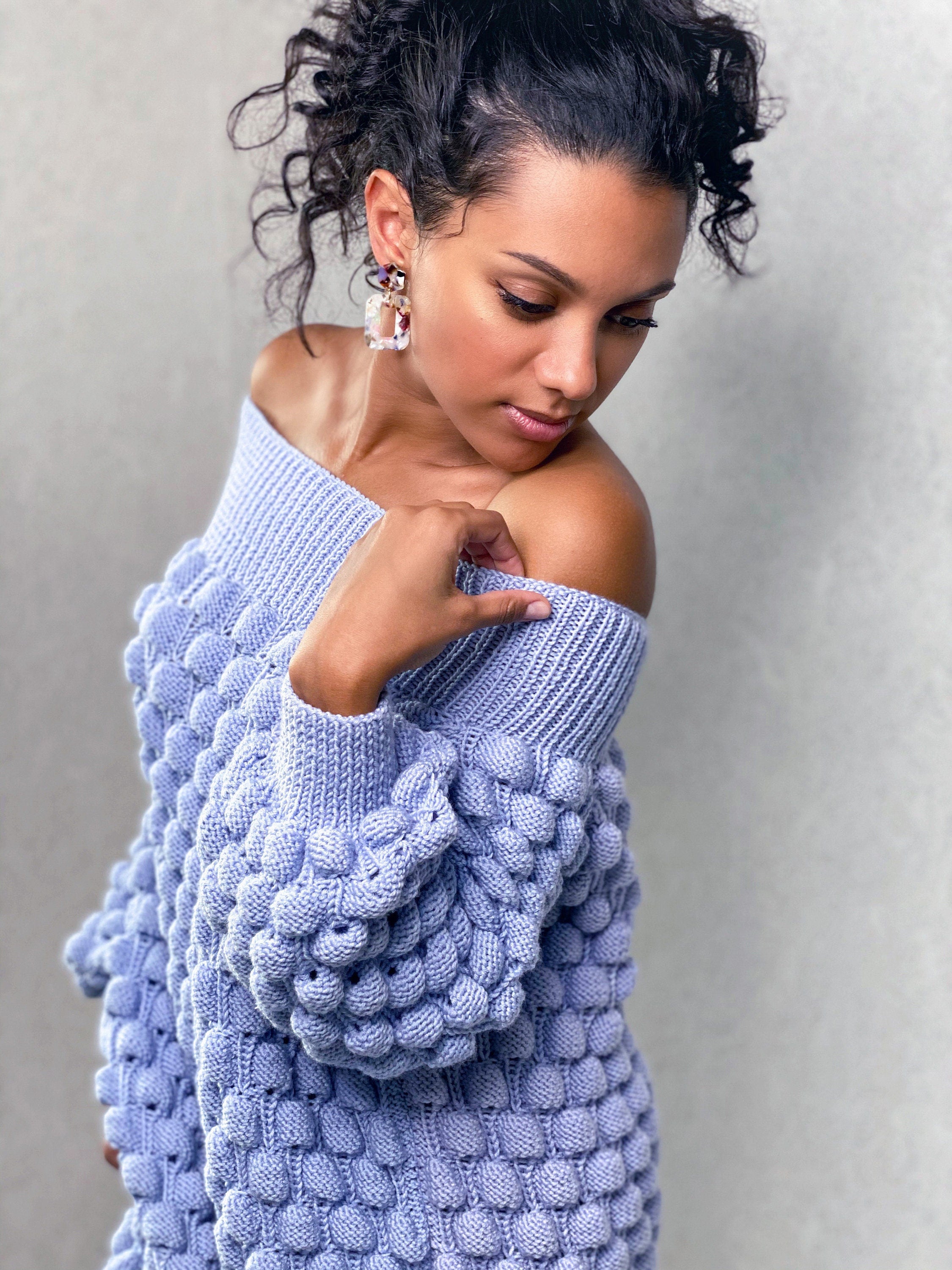 Knitted merino wool sweater dress Long pink sweater Knit women open shoulders pullover Cable knit sweater Popcorn pink dress sweater