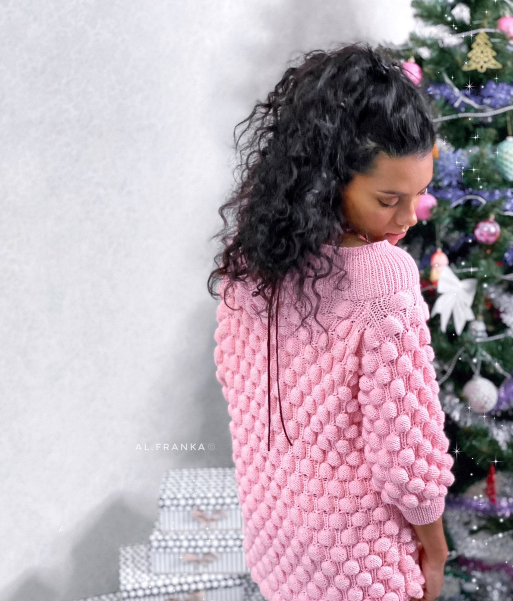 Knitted merino wool sweater dress Long pink sweater Knit women open shoulders pullover Cable knit sweater Popcorn pink dress sweater