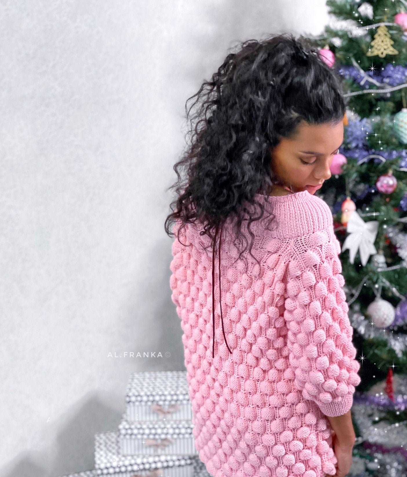 Knitted merino wool sweater dress Long pink sweater Knit women open shoulders pullover Cable knit sweater Popcorn pink dress sweater