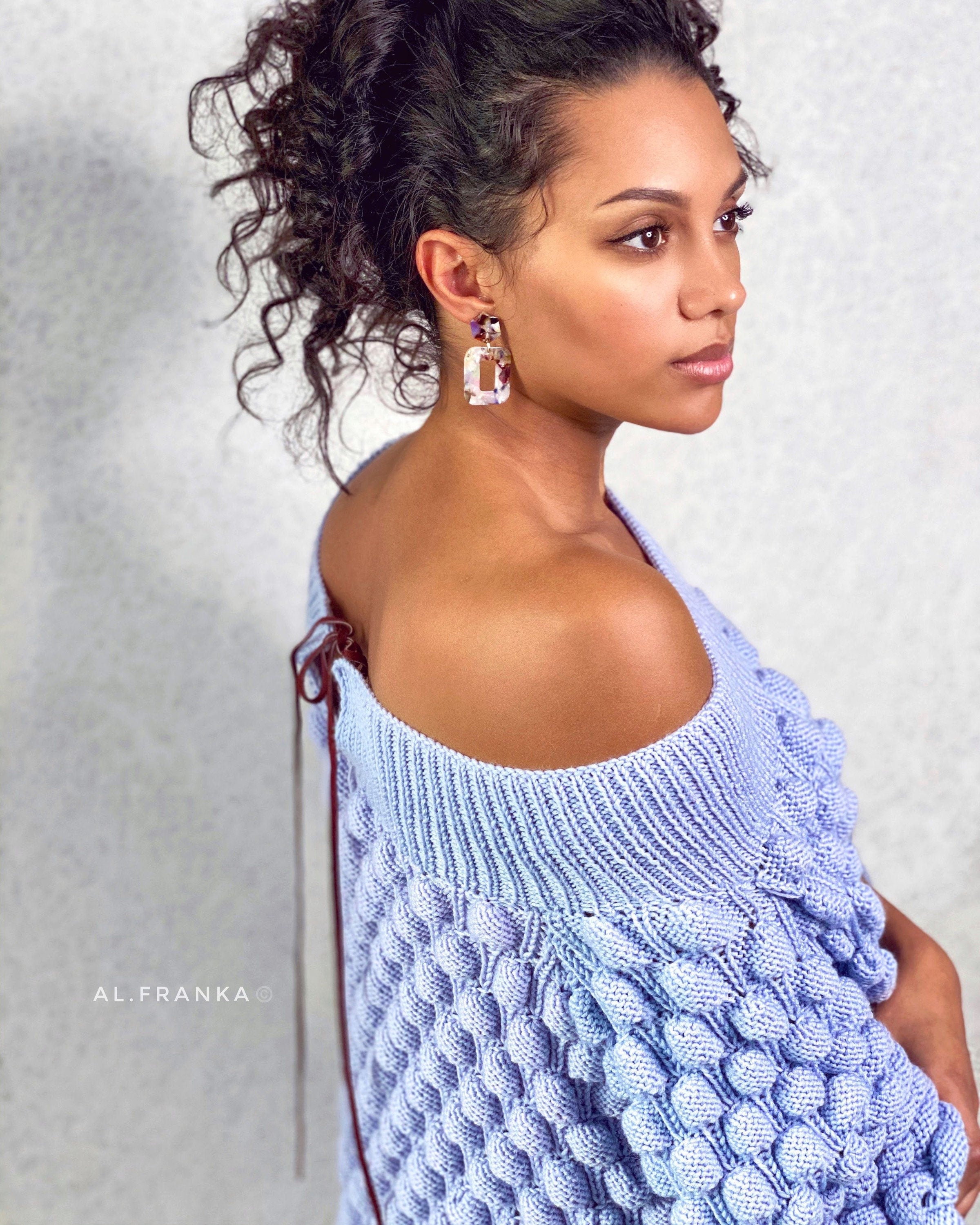 Bubble hand knit long blue sweater dress women Off shoulder merino wool sweater Balloons chunky sweater-dress Cable knit sweater
