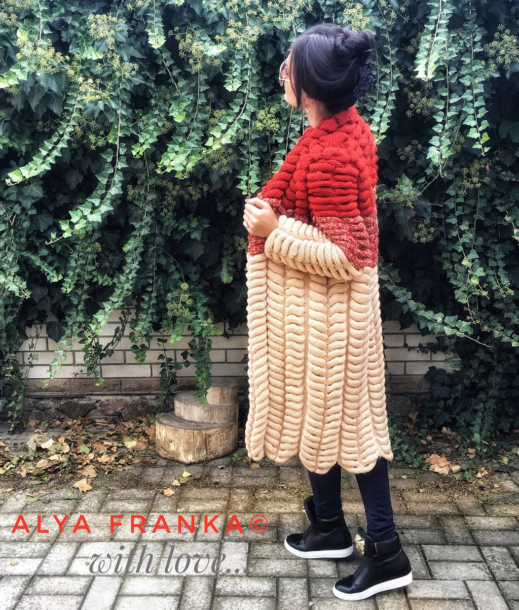 Cable knit wool Lalo midi cardigan women Wool knitted coat Chunky knit Oversized red beige cardigan spikelet/gift for her
