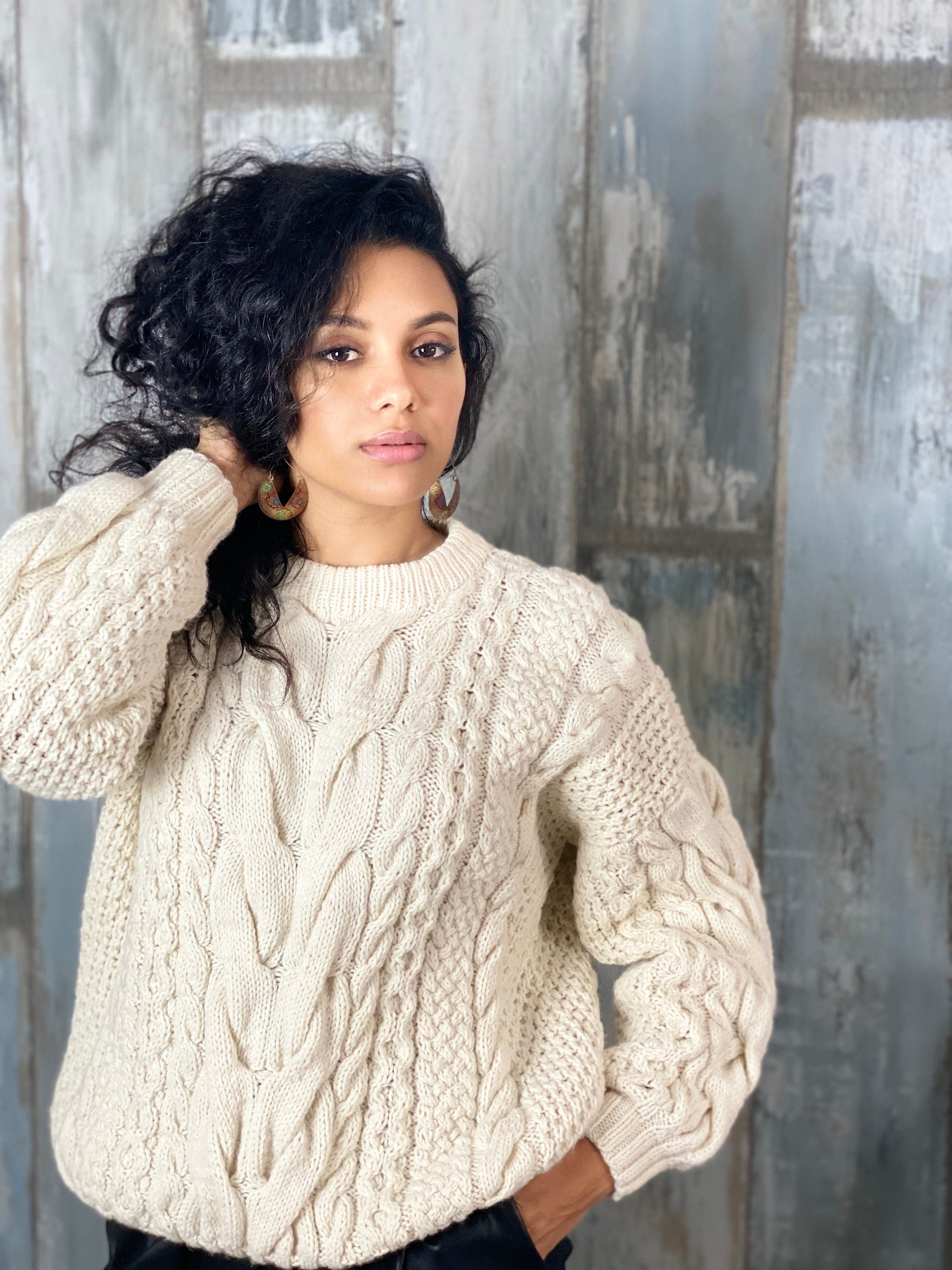 Сream knit women sweater merino wool organic cotton pullover oversized Knit loose sweater Chunky cardigan White Milk cable knit sweater
