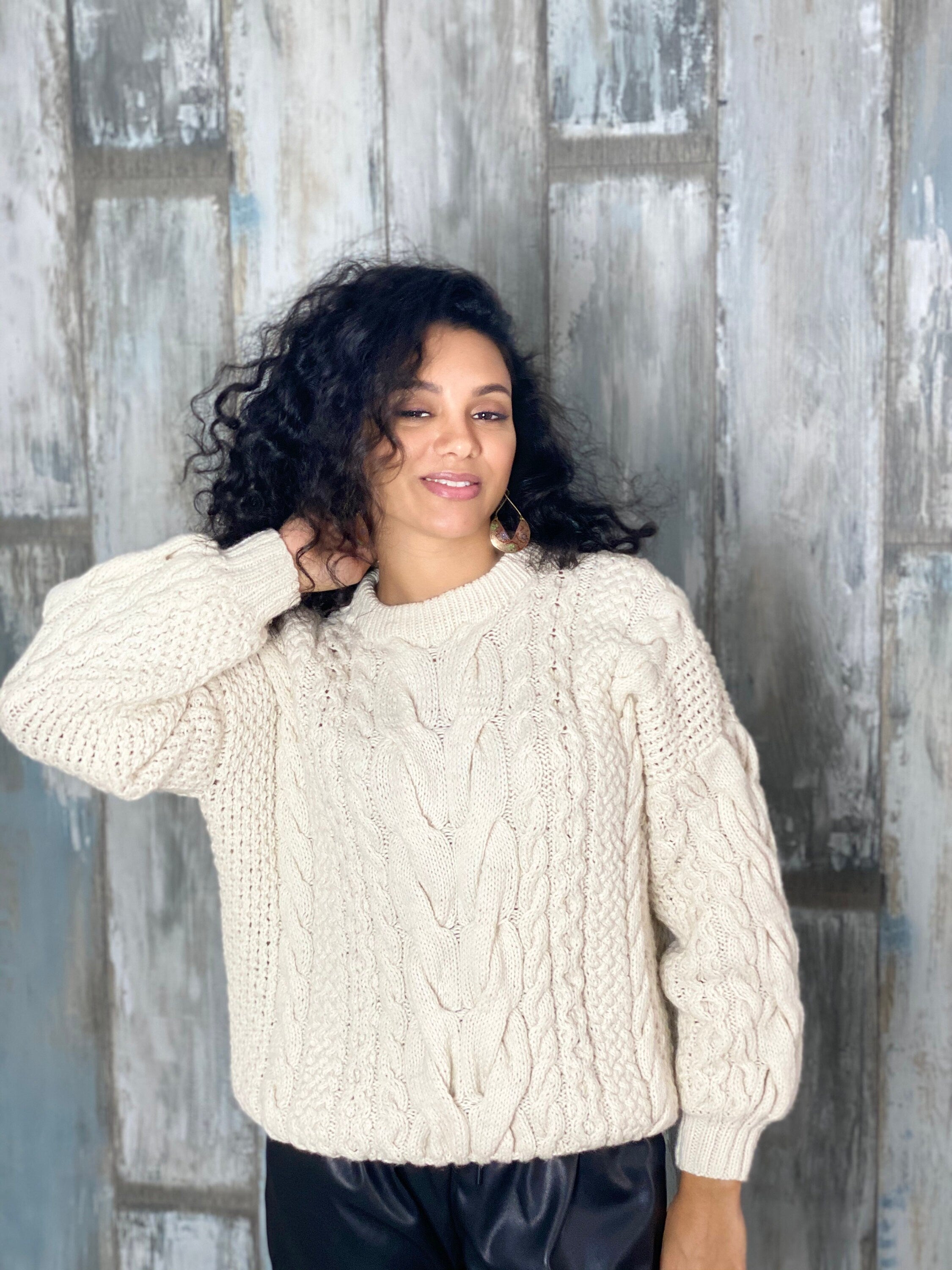 Сream knit women sweater merino wool organic cotton pullover oversized Knit loose sweater Chunky cardigan White Milk cable knit sweater