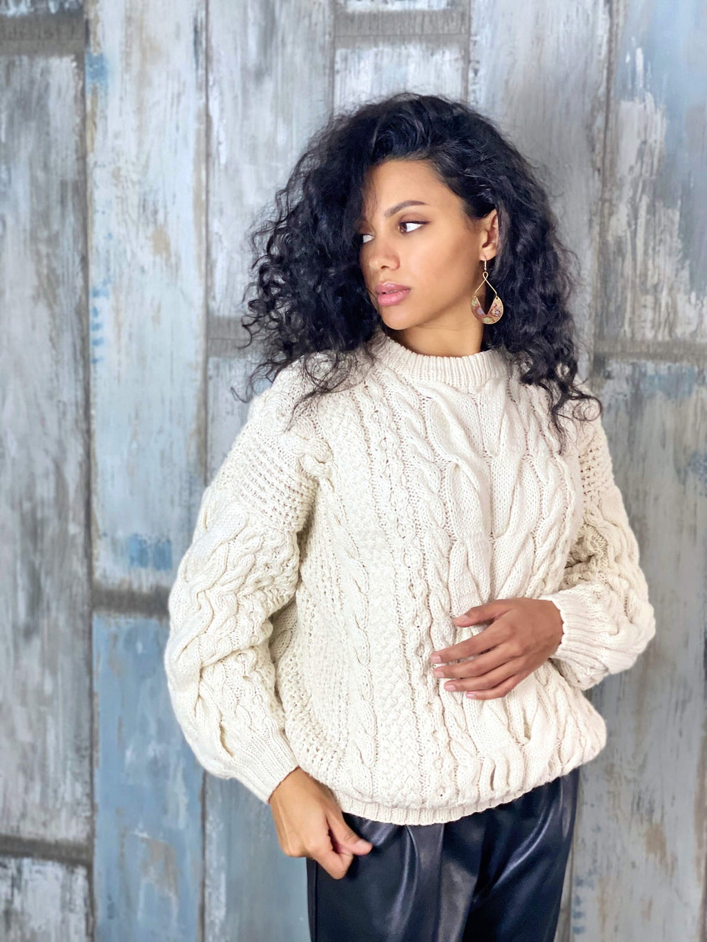 Сream knit women sweater merino wool organic cotton pullover oversized Knit loose sweater Chunky cardigan White Milk cable knit sweater