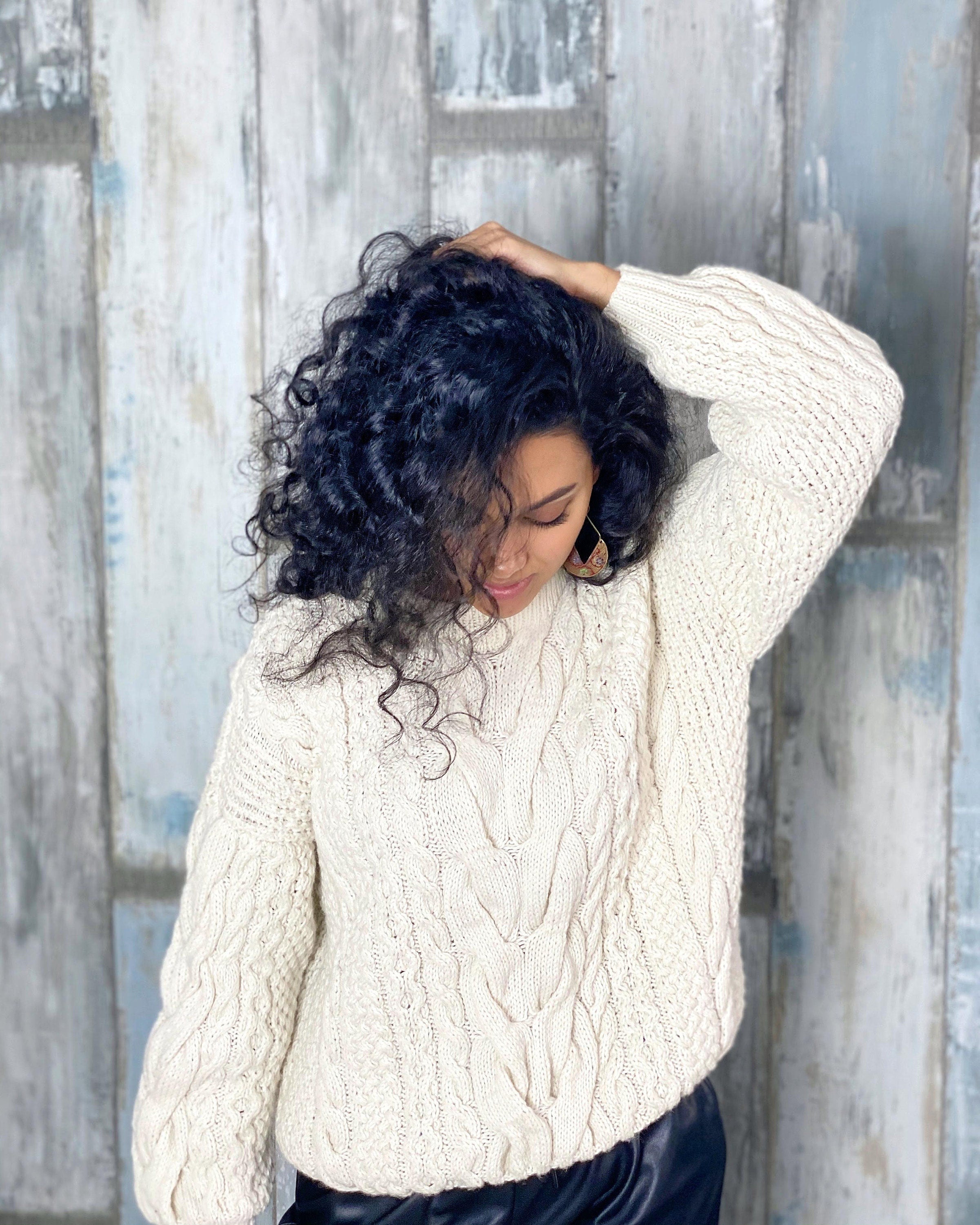 Сream knit women sweater merino wool organic cotton pullover oversized Knit loose sweater Chunky cardigan White Milk cable knit sweater