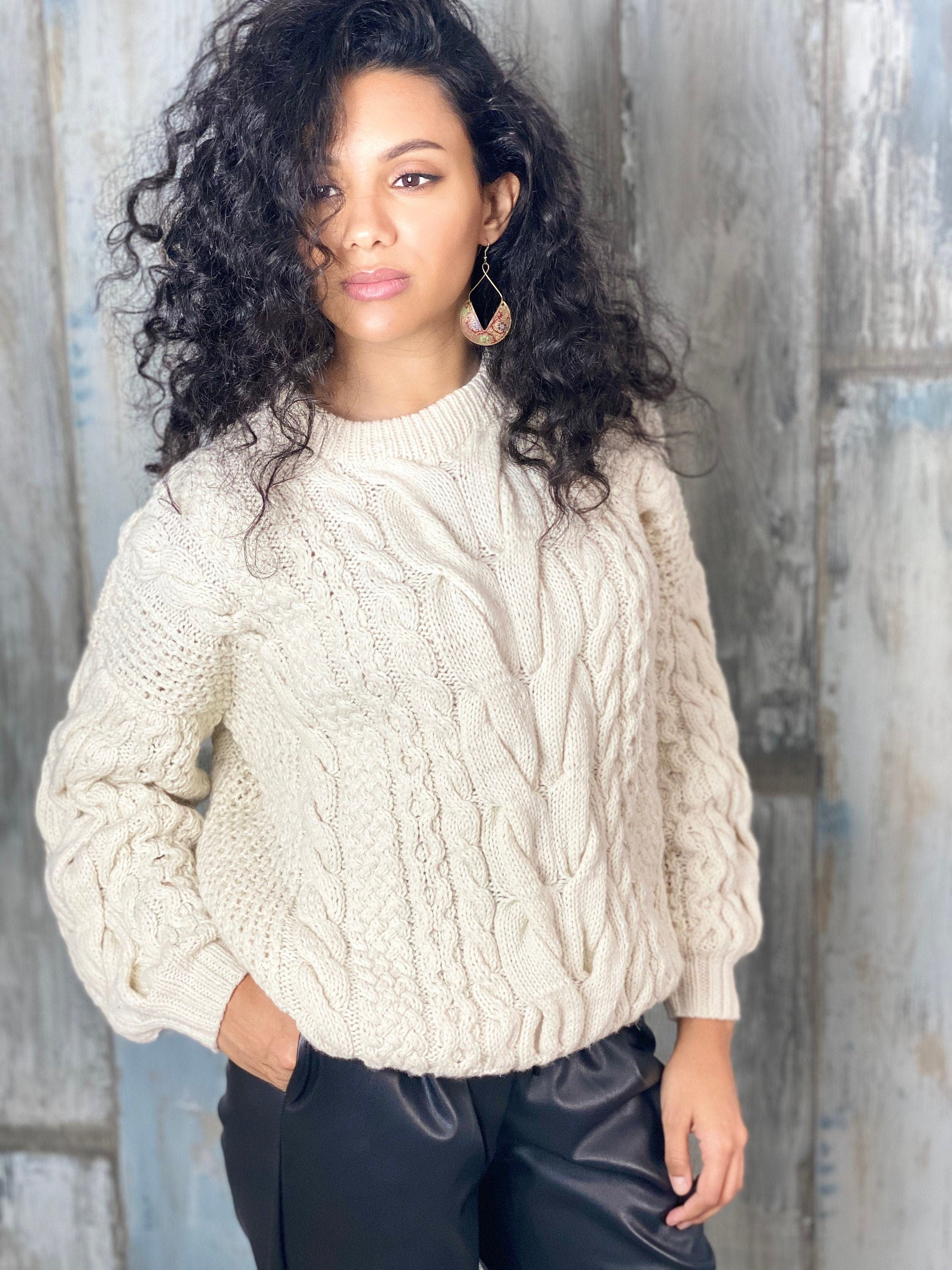 Сream knit women sweater merino wool organic cotton pullover oversized Knit loose sweater Chunky cardigan White Milk cable knit sweater