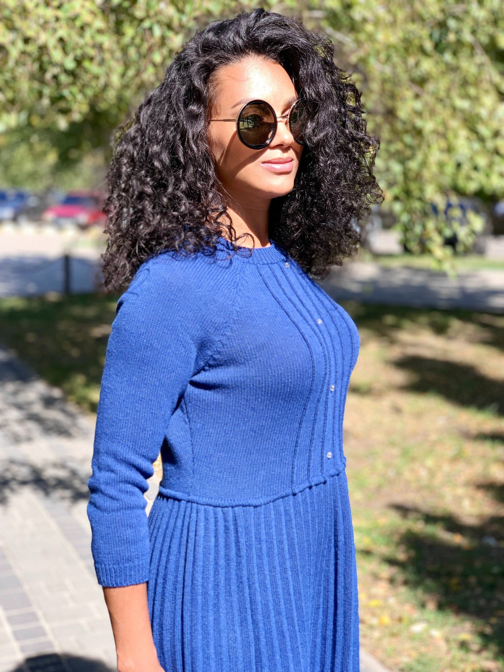 Blue merino knit Jersey dress pleated skirt for women/electric blue knit dress/bright blue wool dress/half sleeve dress/short-sleeved dress