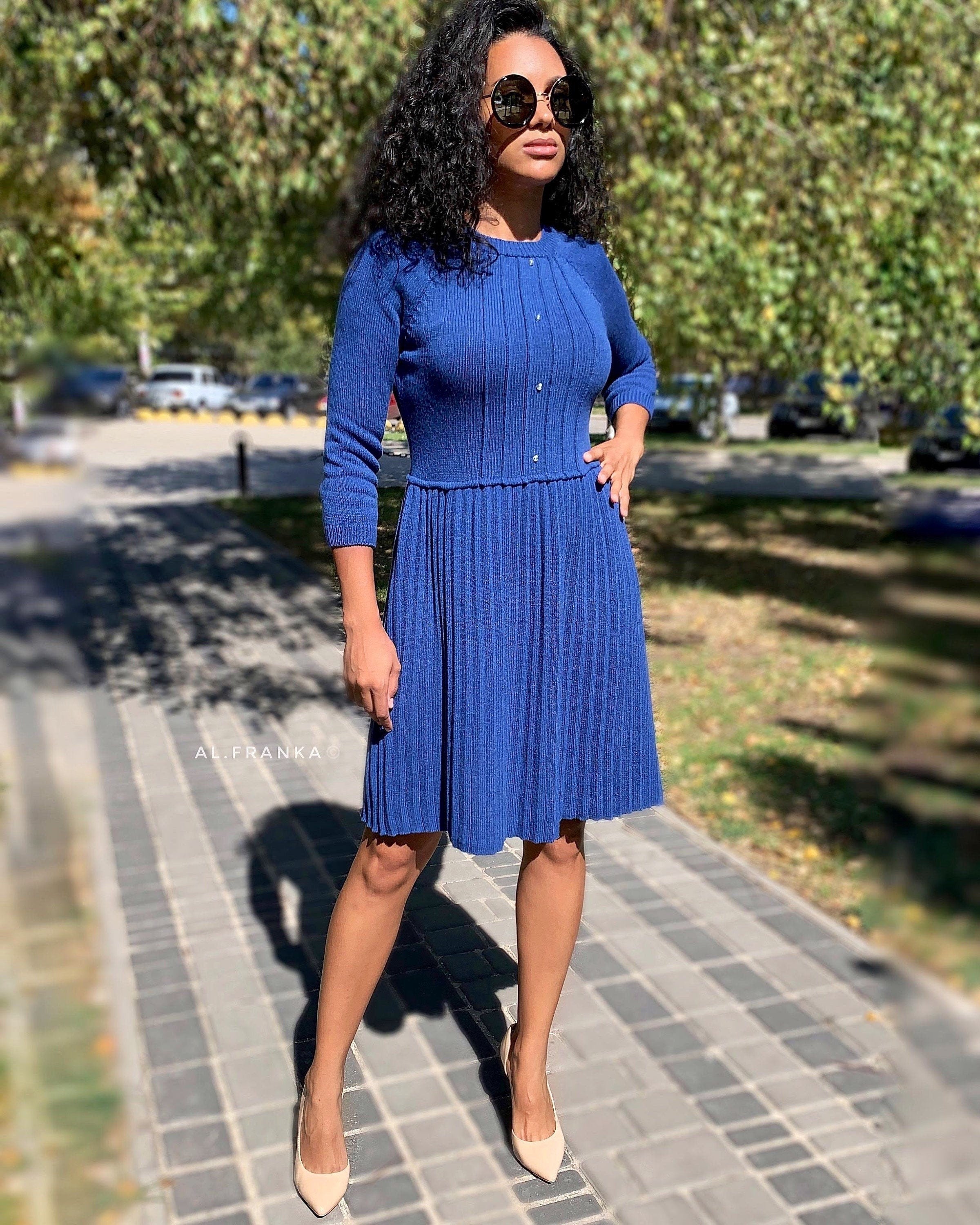 Blue merino knit Jersey dress pleated skirt for women/electric blue knit dress/bright blue wool dress/half sleeve dress/short-sleeved dress