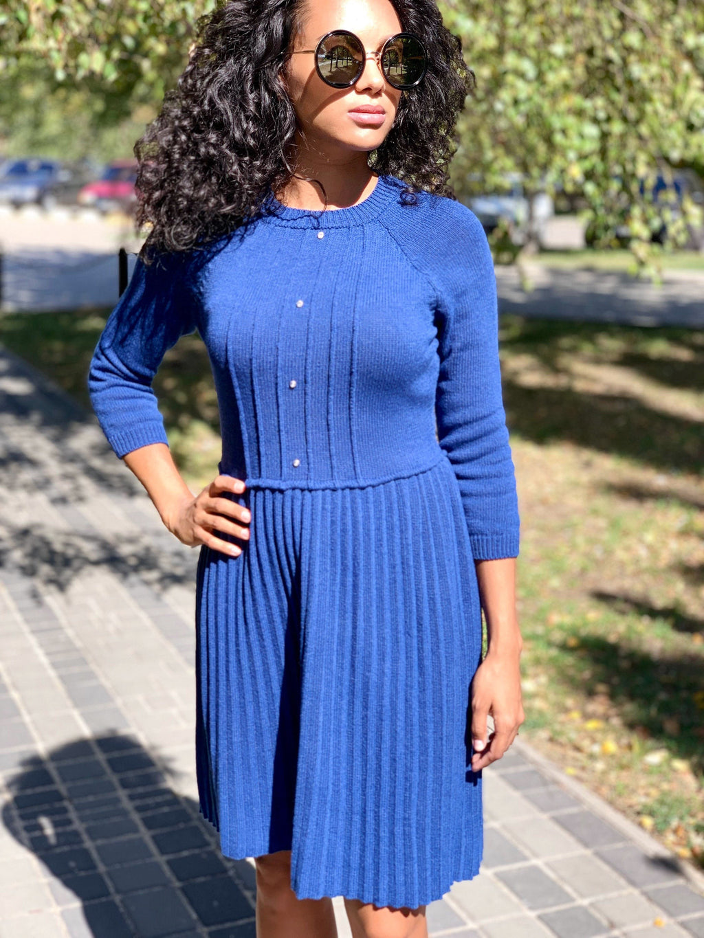 Blue merino knit Jersey dress pleated skirt for women/electric blue knit dress/bright blue wool dress/half sleeve dress/short-sleeved dress