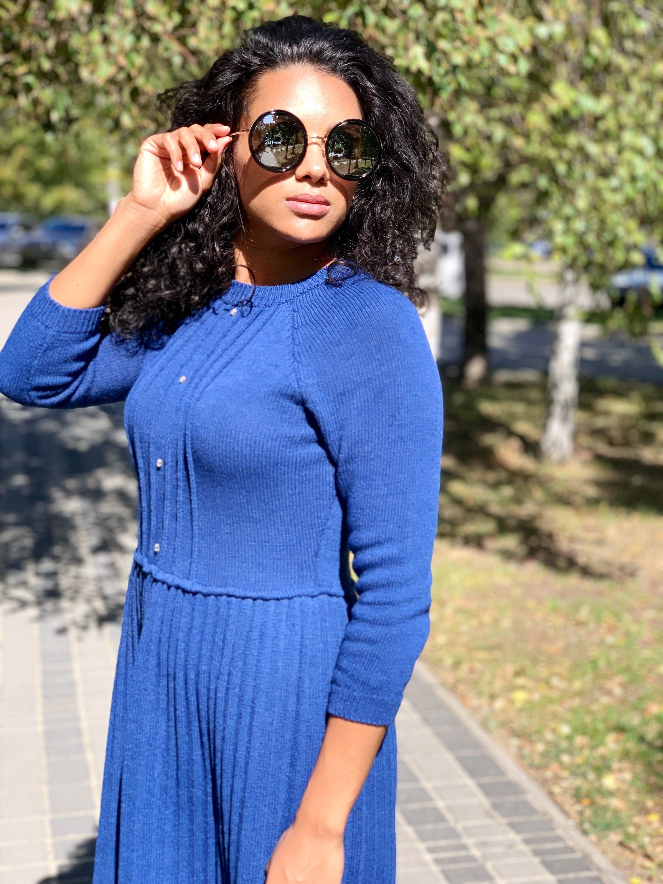Blue merino knit Jersey dress pleated skirt for women/electric blue knit dress/bright blue wool dress/half sleeve dress/short-sleeved dress