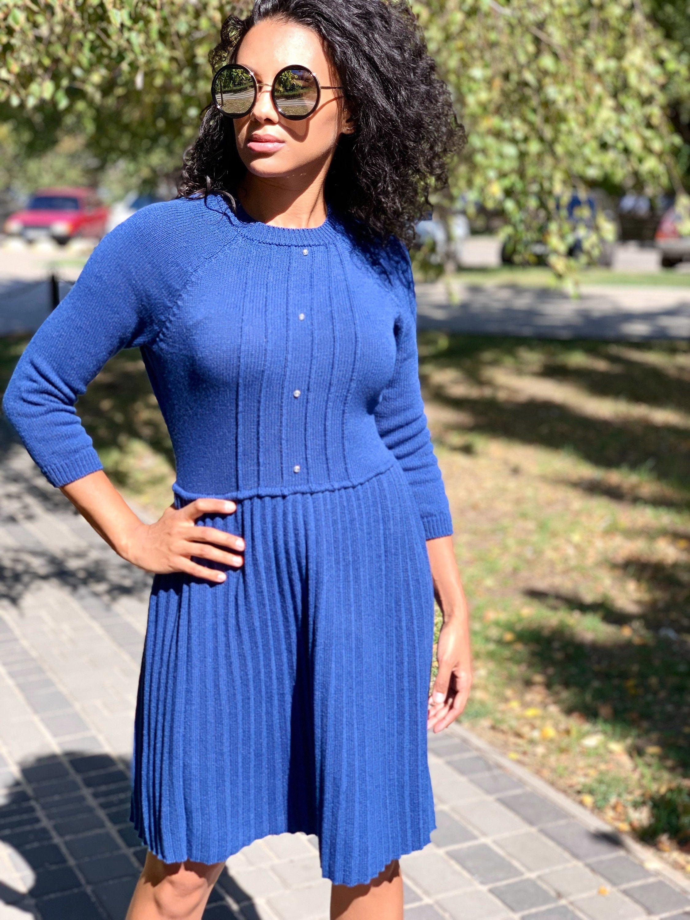 Blue merino knit Jersey dress pleated skirt for women/electric blue knit dress/bright blue wool dress/half sleeve dress/short-sleeved dress
