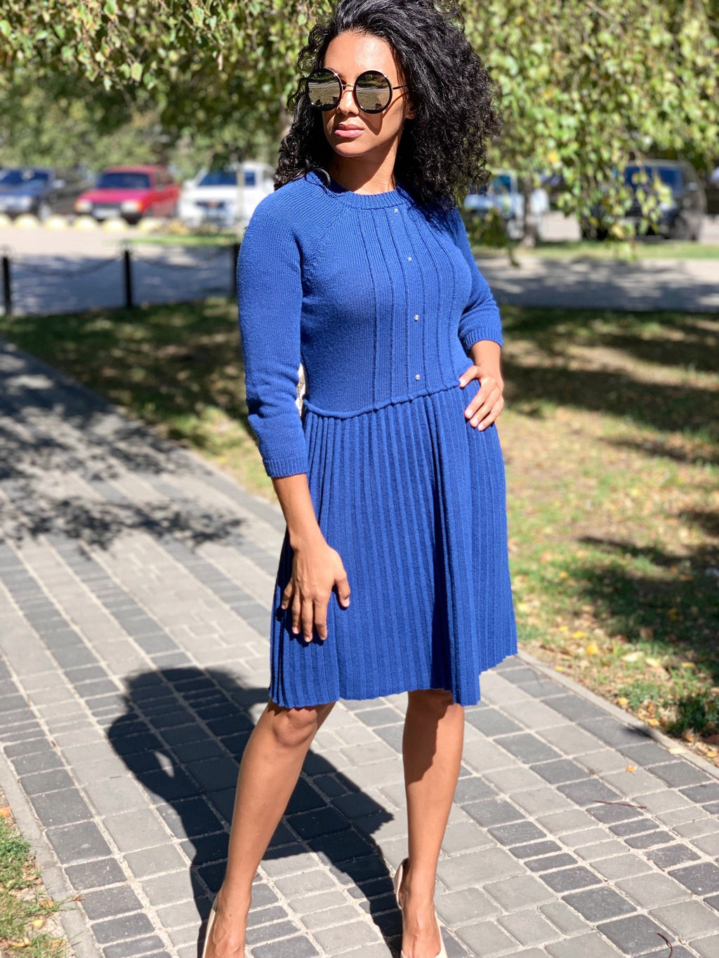 Blue merino knit Jersey dress pleated skirt for women/electric blue knit dress/bright blue wool dress/half sleeve dress/short-sleeved dress