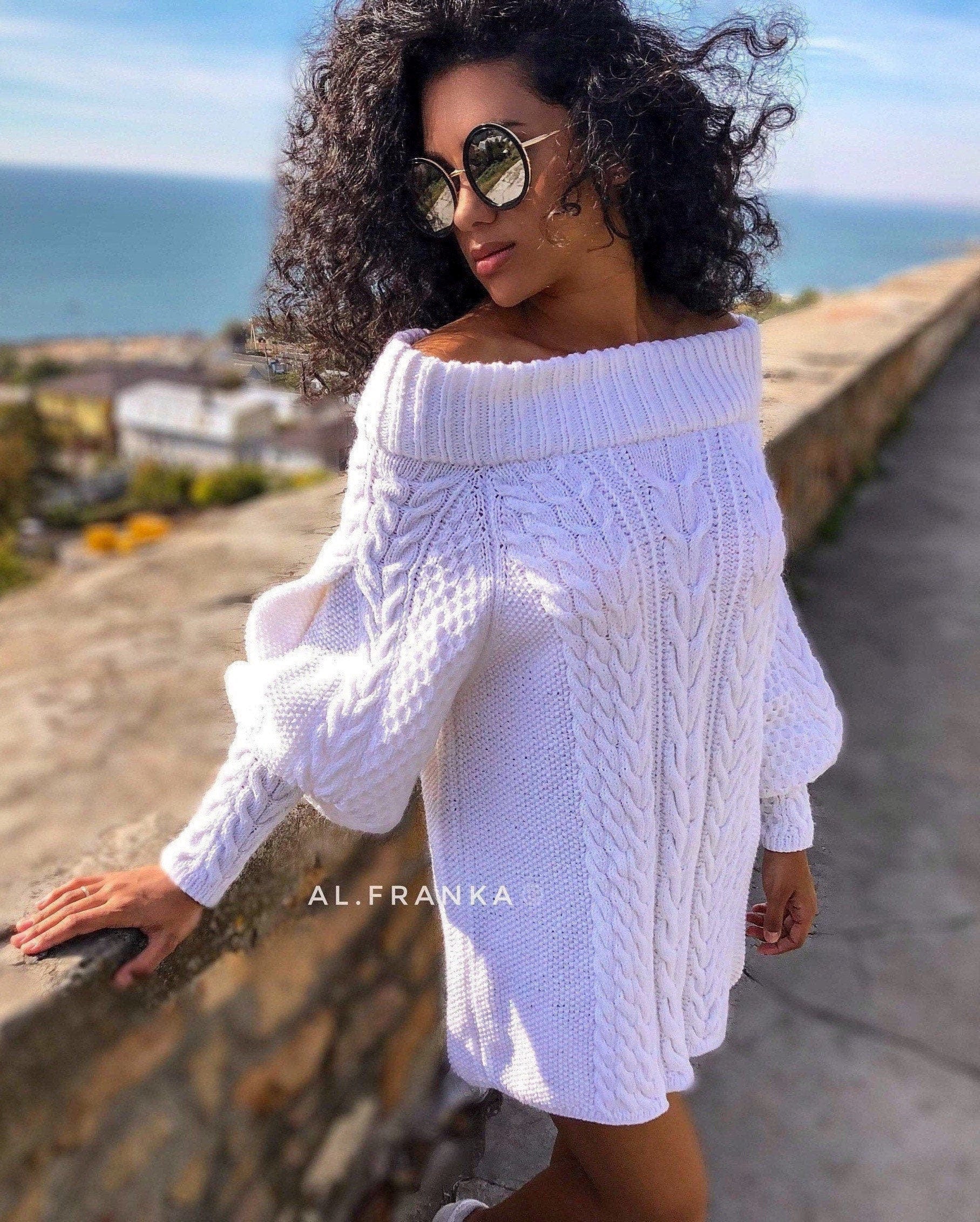 White off shoulder hand knit sweater dress/bohemian sweater dress/off shoulder white dress/white knit tunic/braid chunky sweater