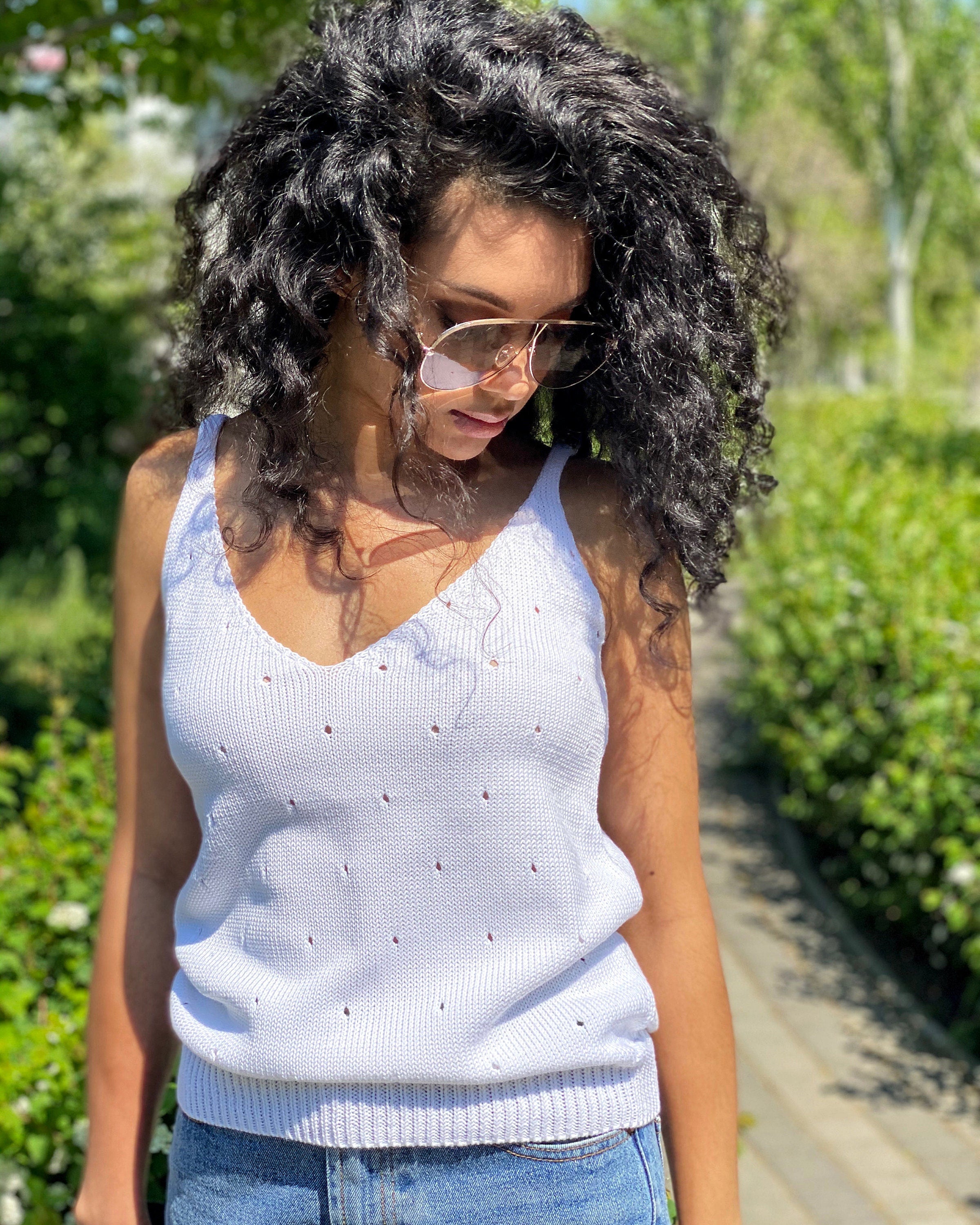 White Knit Women's Top/V Neck Knit Top/summer knit long top/White Tank Top/knitted tank/vintage white knit top/Knit loose top/long tan top