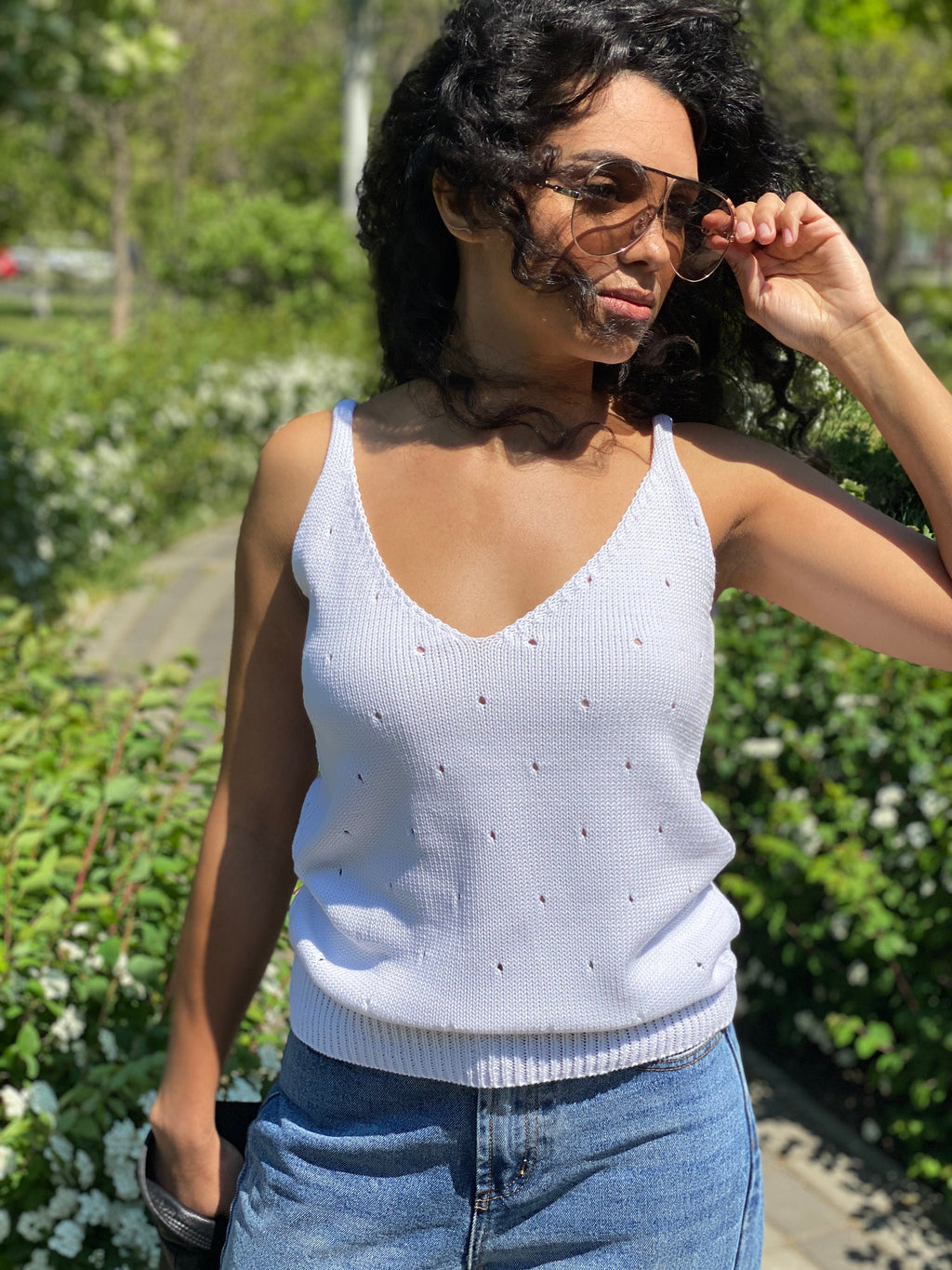 White Knit Women's Top/V Neck Knit Top/summer knit long top/White Tank Top/knitted tank/vintage white knit top/Knit loose top/long tan top