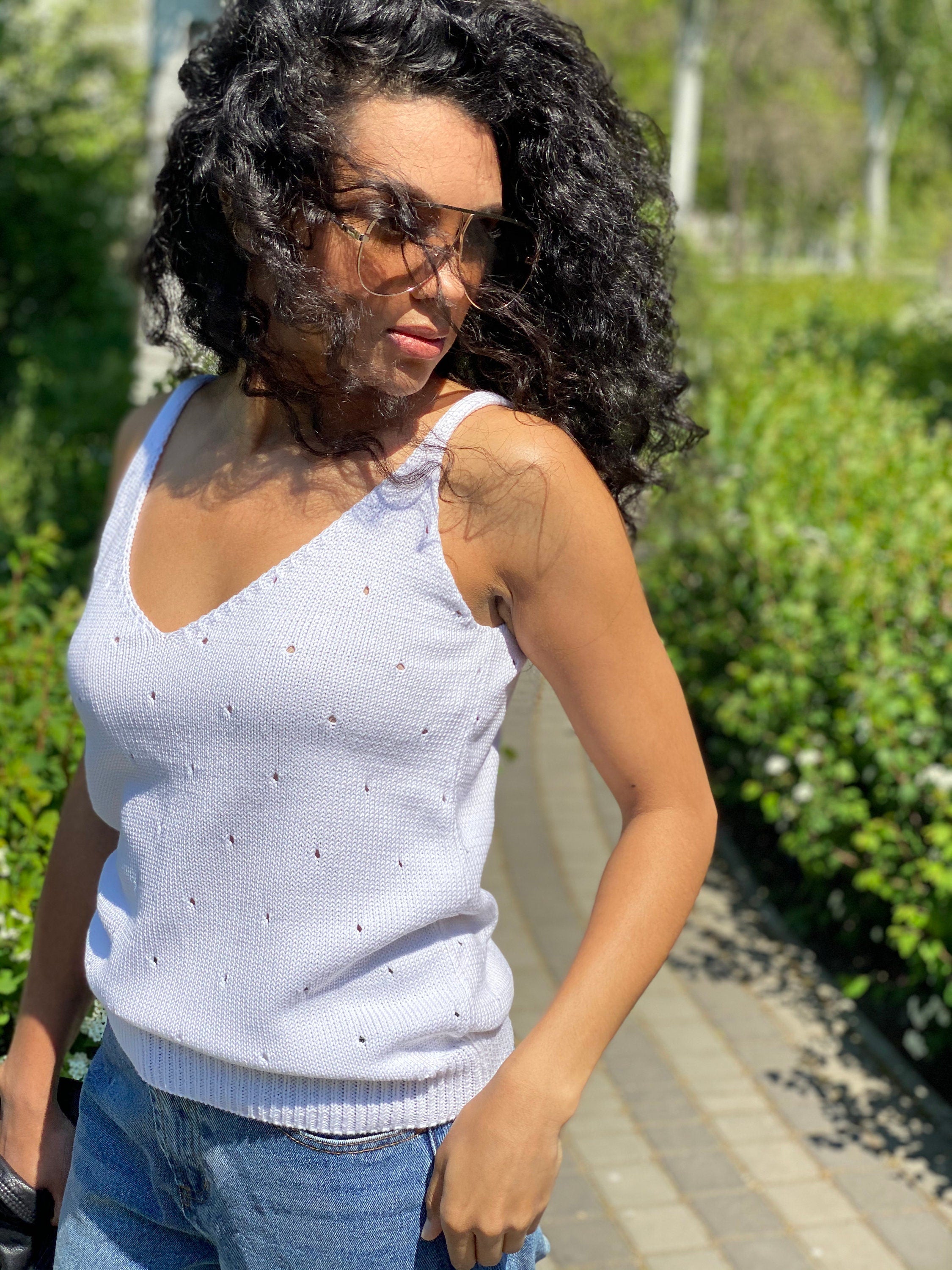 White Knit Women's Top/V Neck Knit Top/summer knit long top/White Tank Top/knitted tank/vintage white knit top/Knit loose top/long tan top
