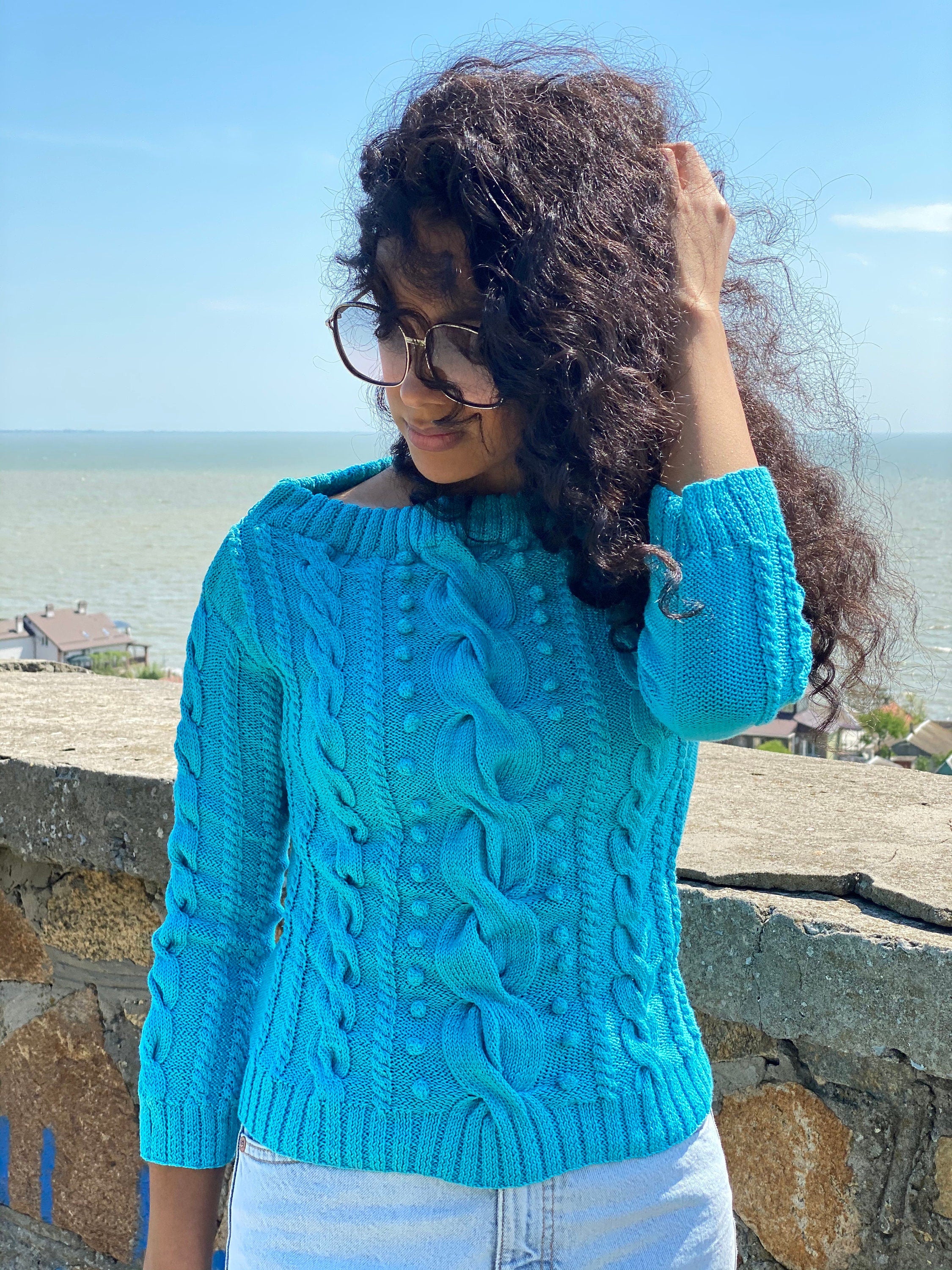 Hand knit cotton sweater/blue women sweater/short cotton sweater/cable sweater/spring sweater for women/Light blue cropped sweater