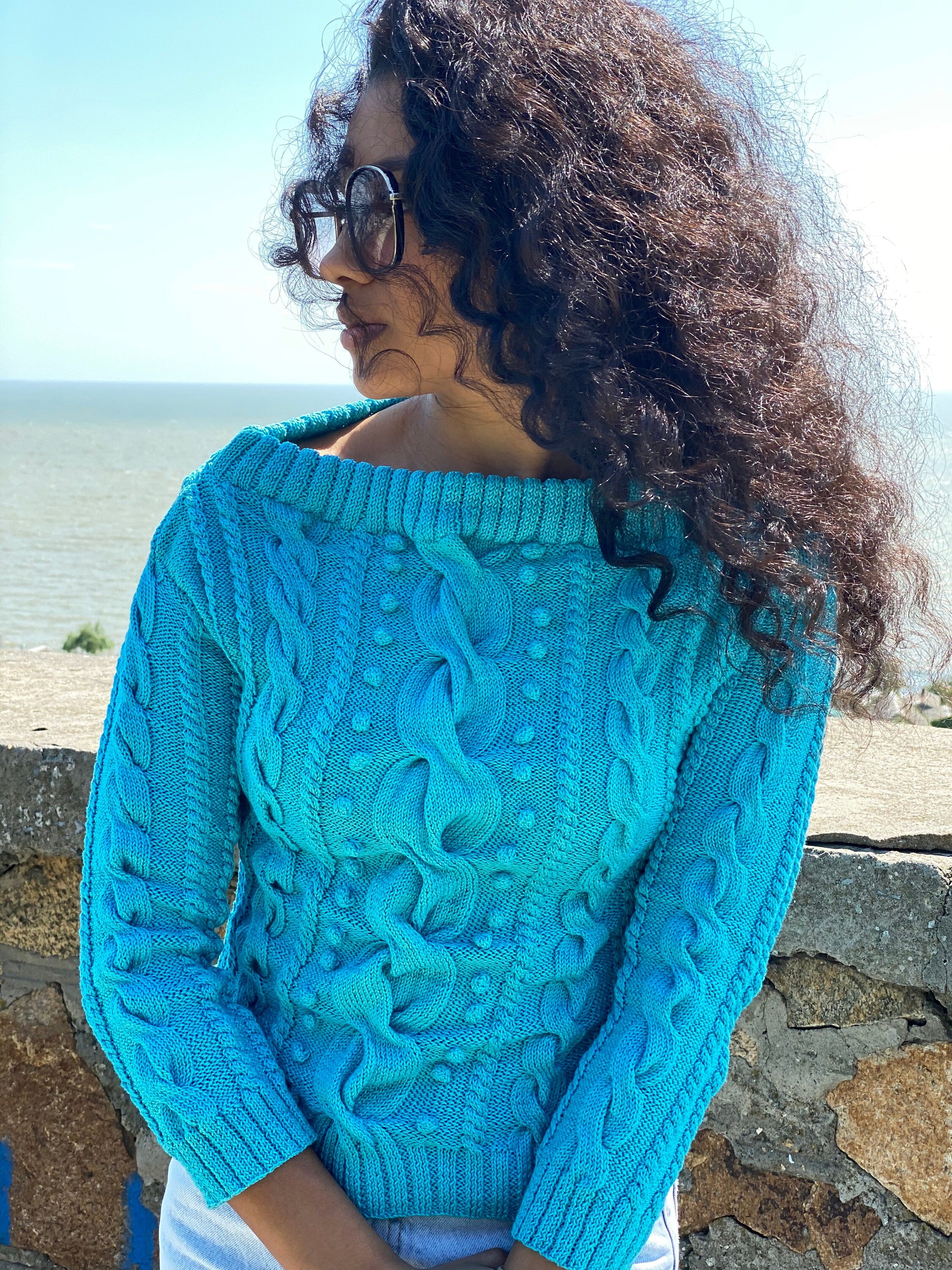 Hand knit cotton sweater/blue women sweater/short cotton sweater/cable sweater/spring sweater for women/Light blue cropped sweater