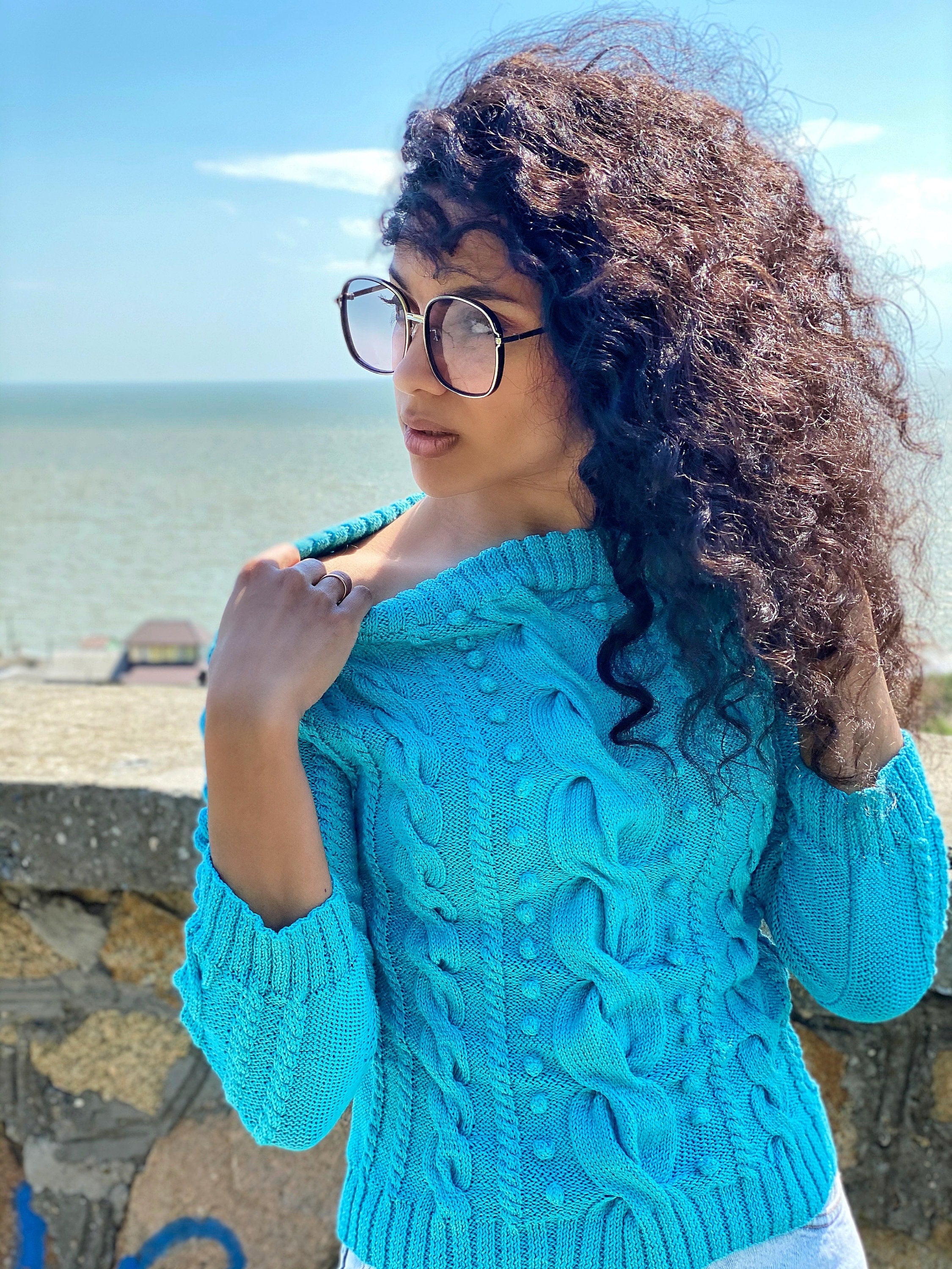 Hand knit cotton sweater/blue women sweater/short cotton sweater/cable sweater/spring sweater for women/Light blue cropped sweater
