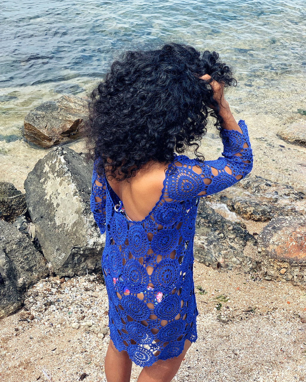 Crochet lace blue beach dress Cover-Ups Beach tunic cotton crochet tunic dress for beach vintage Beachwear Lace crochet dress