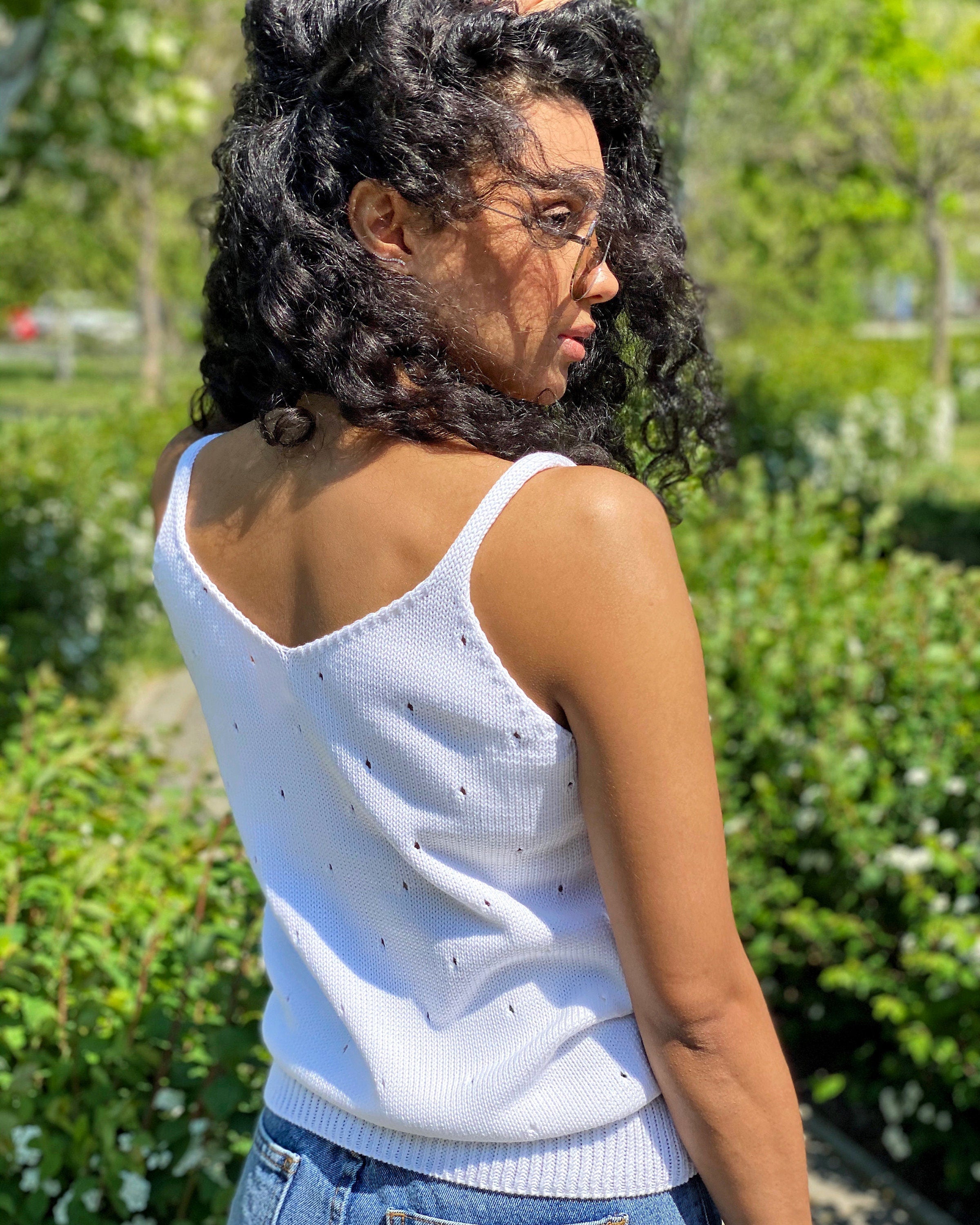 White Knit Women's Top/V Neck Knit Top/summer knit long top/White Tank Top/knitted tank/vintage white knit top/Knit loose top/long tan top