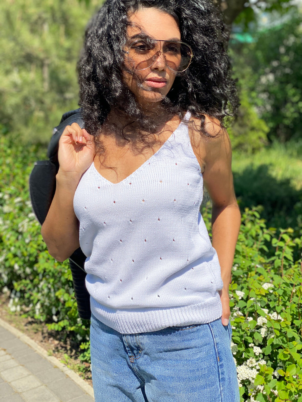 White Knit Women's Top/V Neck Knit Top/summer knit long top/White Tank Top/knitted tank/vintage white knit top/Knit loose top/long tan top