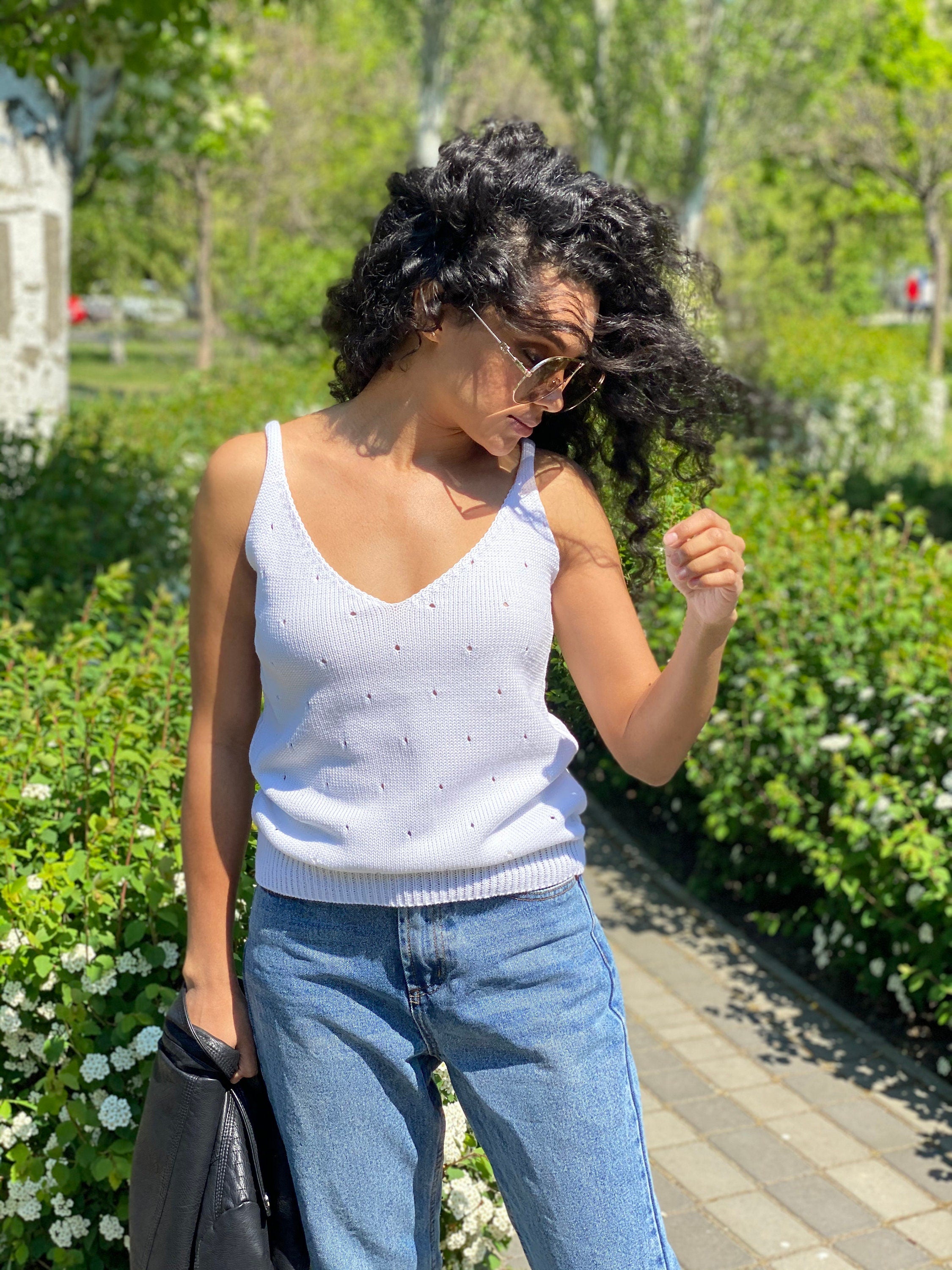 White Knit Women's Top/V Neck Knit Top/summer knit long top/White Tank Top/knitted tank/vintage white knit top/Knit loose top/long tan top