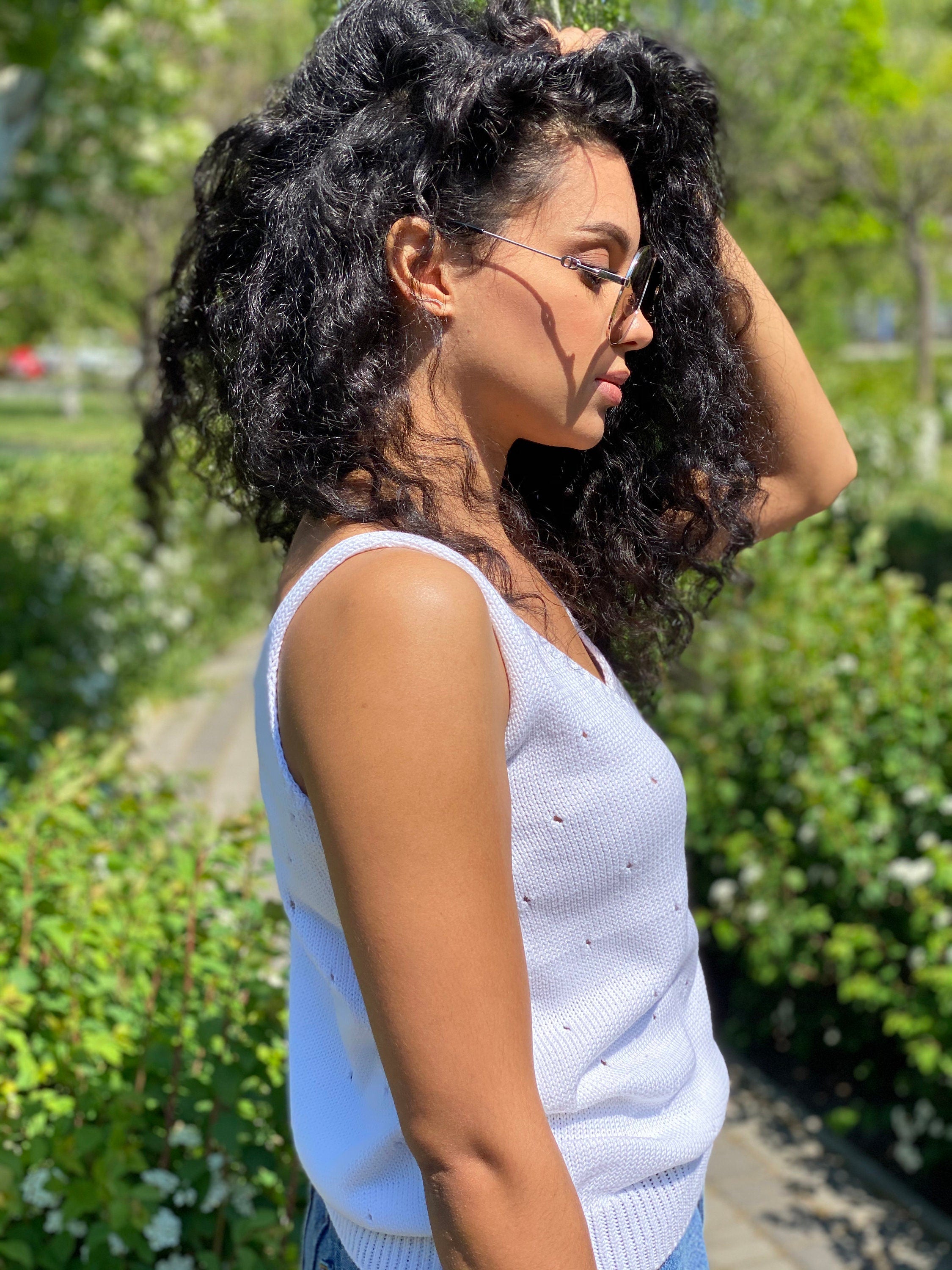 White Knit Women's Top/V Neck Knit Top/summer knit long top/White Tank Top/knitted tank/vintage white knit top/Knit loose top/long tan top
